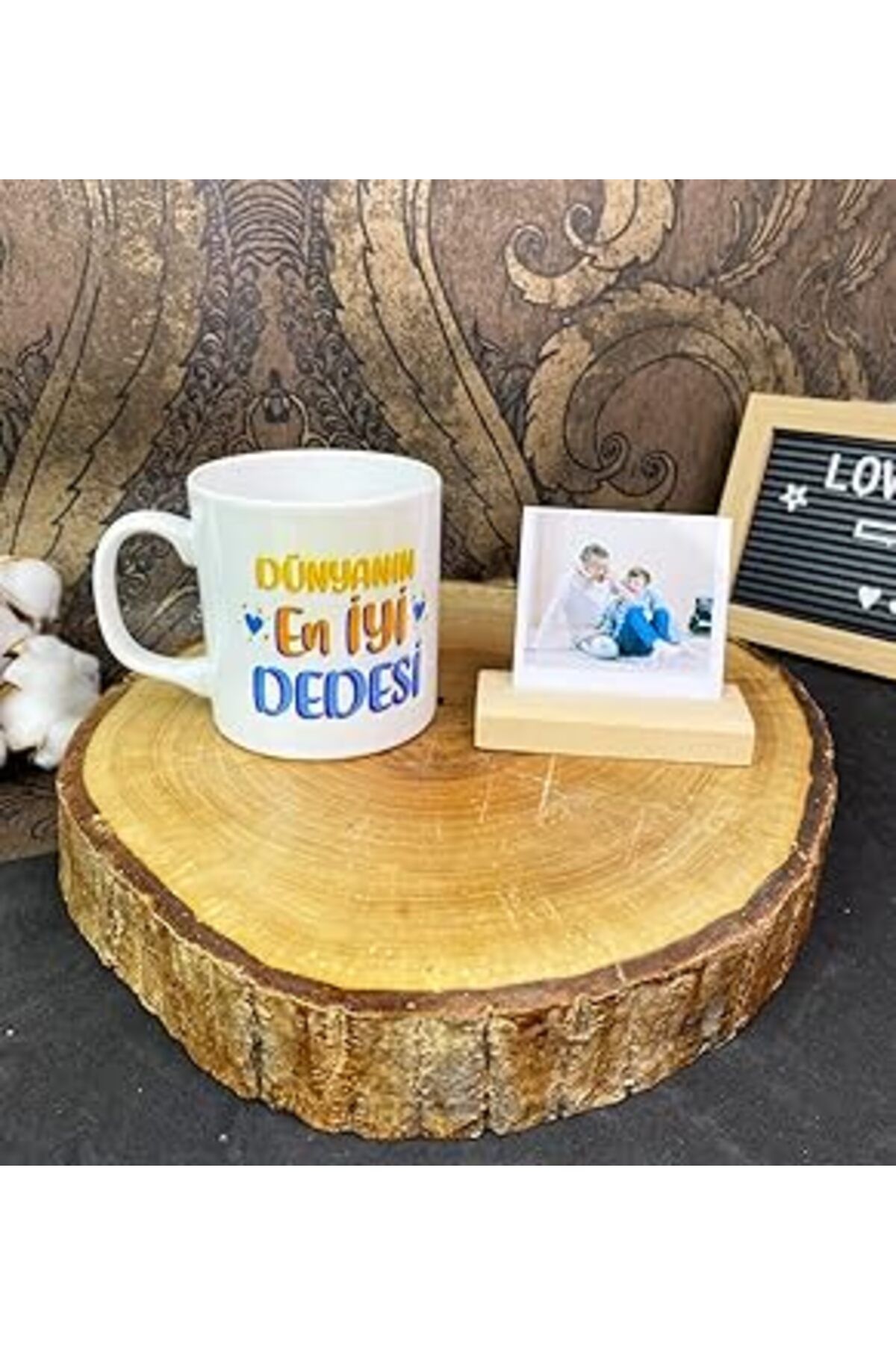 ASİTAN Giftmoda Dünyanın En İyi Dedesi Tasarımlı Kupa Ve Ahşap Fotoğraf Tutucu Set