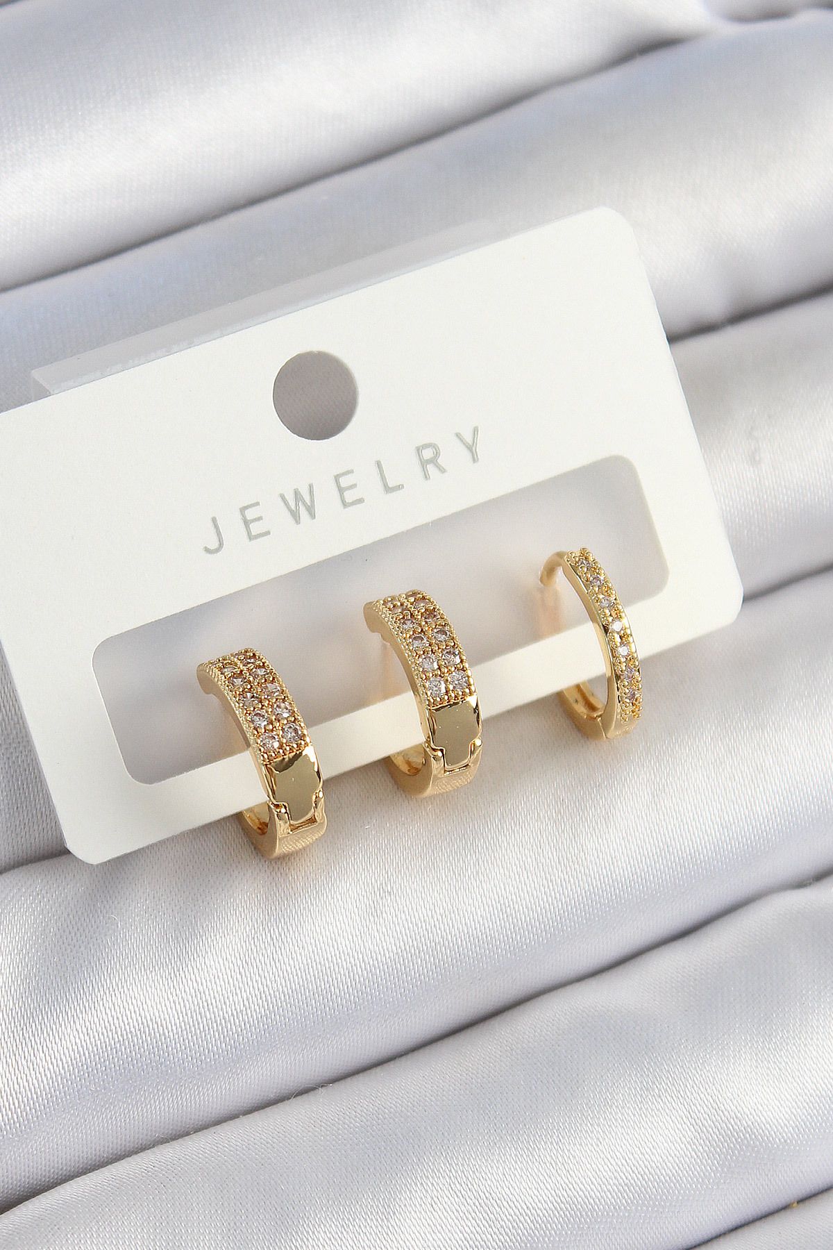 norsary Pirinç Zirkon Taşlı Halka Model Gold Renk 3'lü Çift Kadın Küpe Set