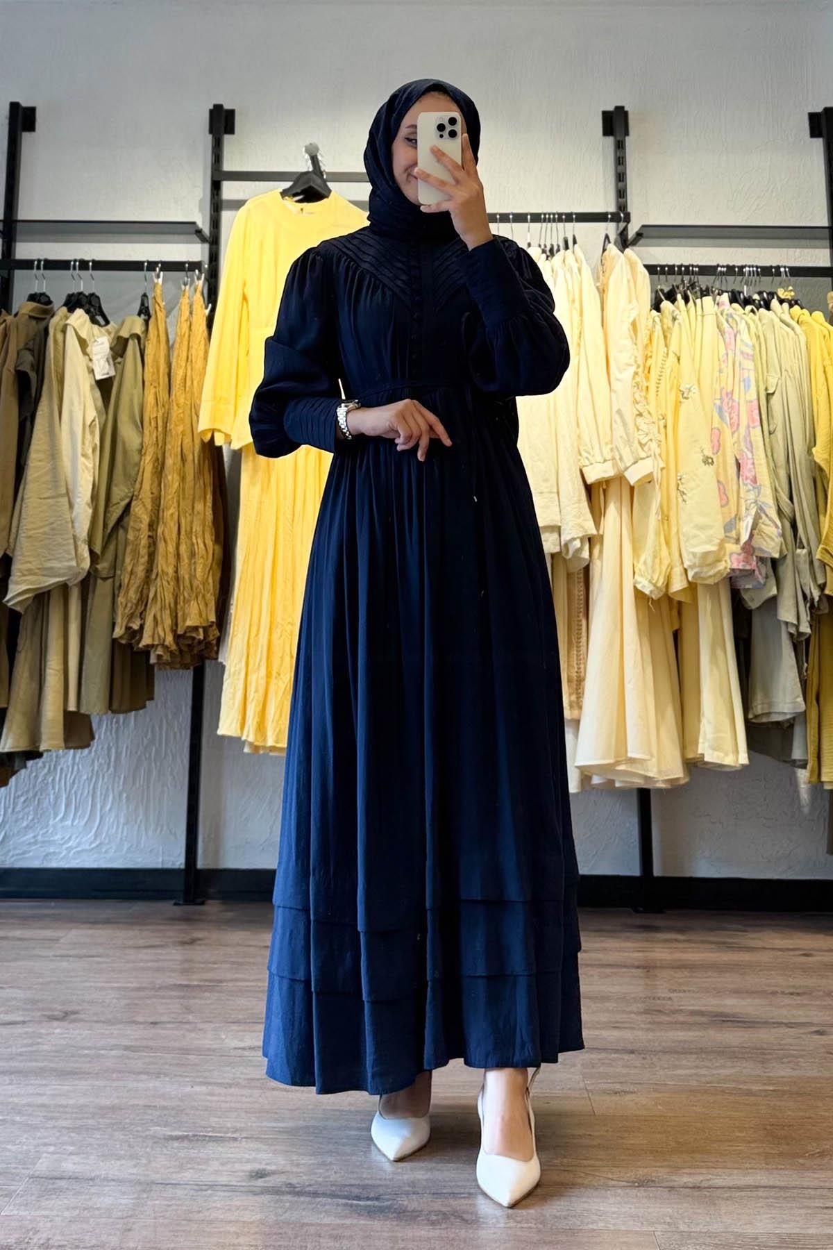 MERVE KAYKISIZ Modal V Pileli Elbise Lacivert