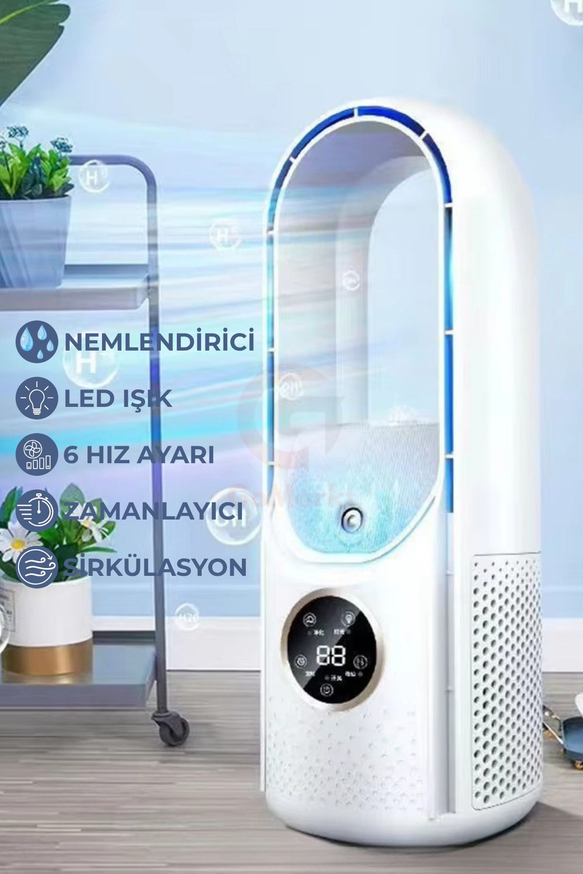 GoMarkt Buz Buharlı Vantilatör Pervanesiz Kule Tipi Vantilatör Dijital Göstergeli 6 Kademeli Vantilatör