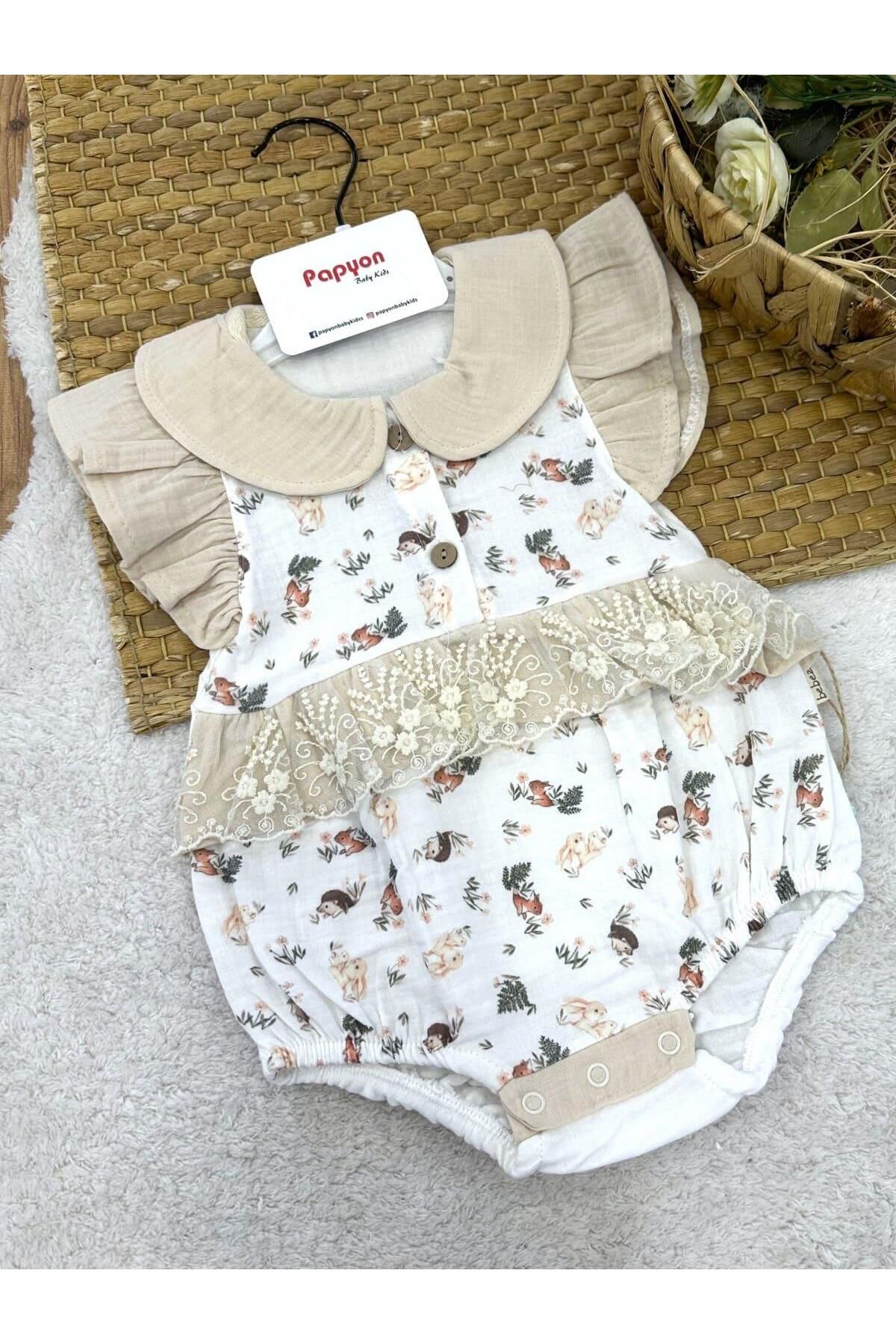 Papyon Baby Kids Tavşan Kirpi Dantelli Kız Bebek Müslin Romper Badi (6-9/9-12/12-18/18-24 Ay)