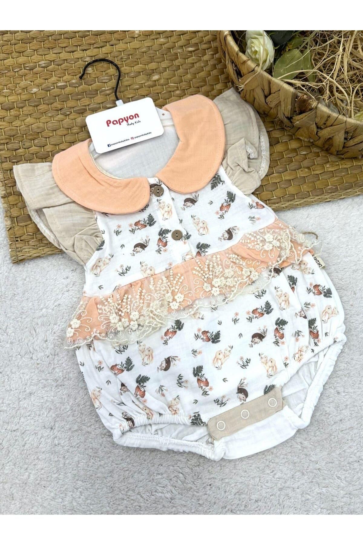 Papyon Baby Kids Tavşan Kirpi Dantelli Kız Bebek Müslin Romper Badi (6-9/9-12/12-18/18-24 Ay)