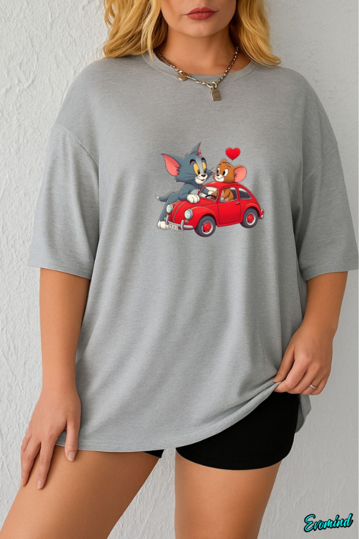 Evomind Büyük Beden Çizgi Karakter Baskılı T-shirt