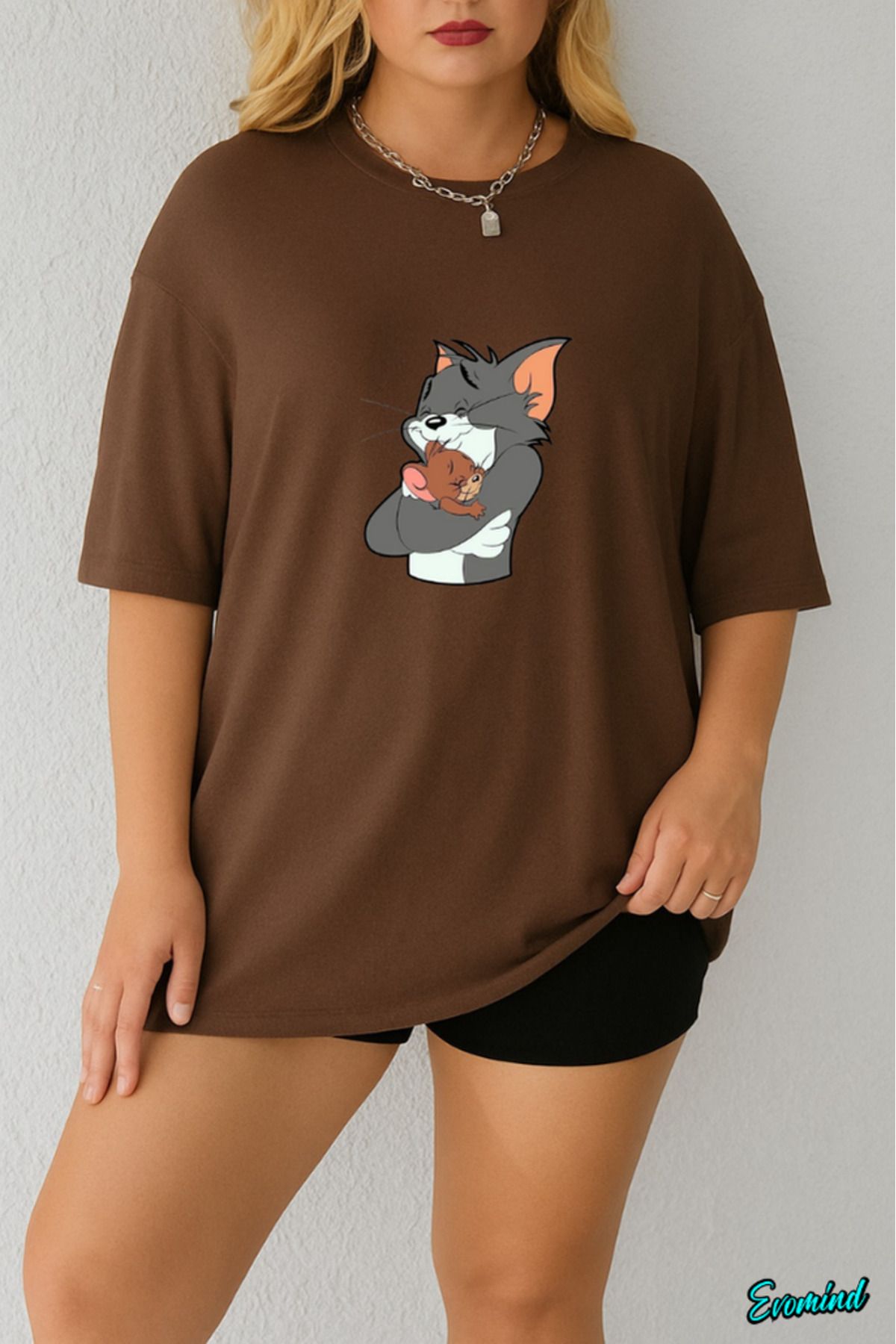 Evomind Büyük Beden Çizgi Karakter Baskılı T-shirt