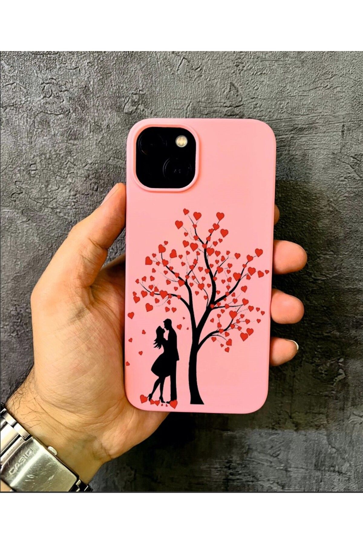 ALYACEPSTORE CASE İPHONE 13 Uyumlu Kalpli Ağaç ve Aşk Temalı Pembe Kılıf