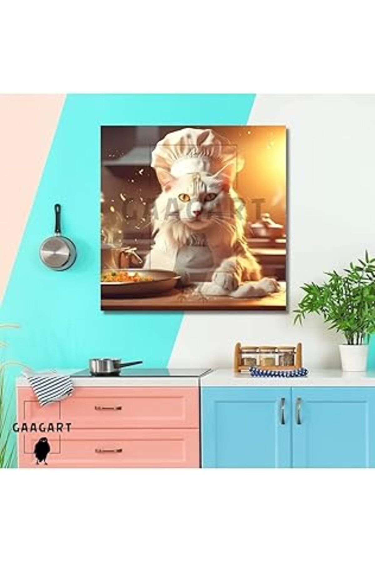 Pazarcan Gaagart Kanvas Mutfak Tablosu Aşçı Hayvanlar Beyaz Ankara Kedisi, 90 X 90