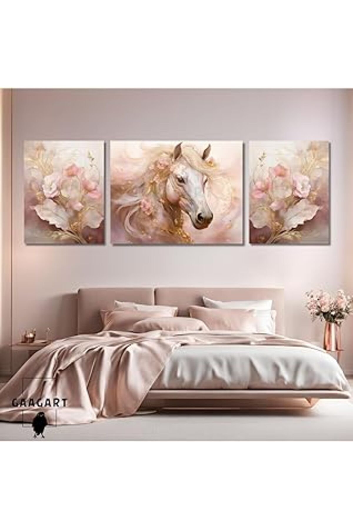 Mu Art Ahşap Gaagart 3Lü Kanvas Şık Salon Duvar Tablosu Modern Soyut Pembe Gold At, 30 X 40
