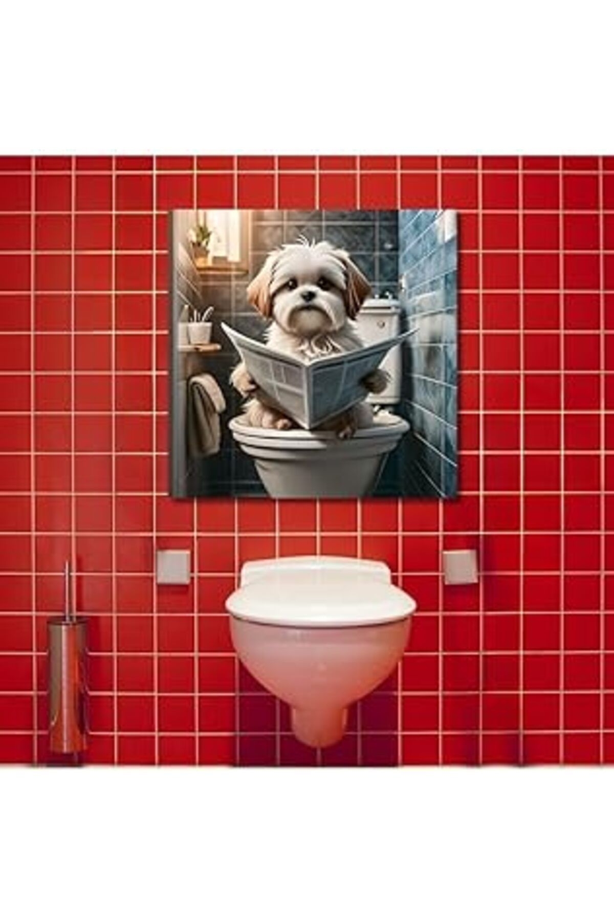 Mu Art Ahşap Gaagart Tekli Kanvas Banyo Tablosu Gazete Okuyan Shih Tzu Köpek, 50 X 50