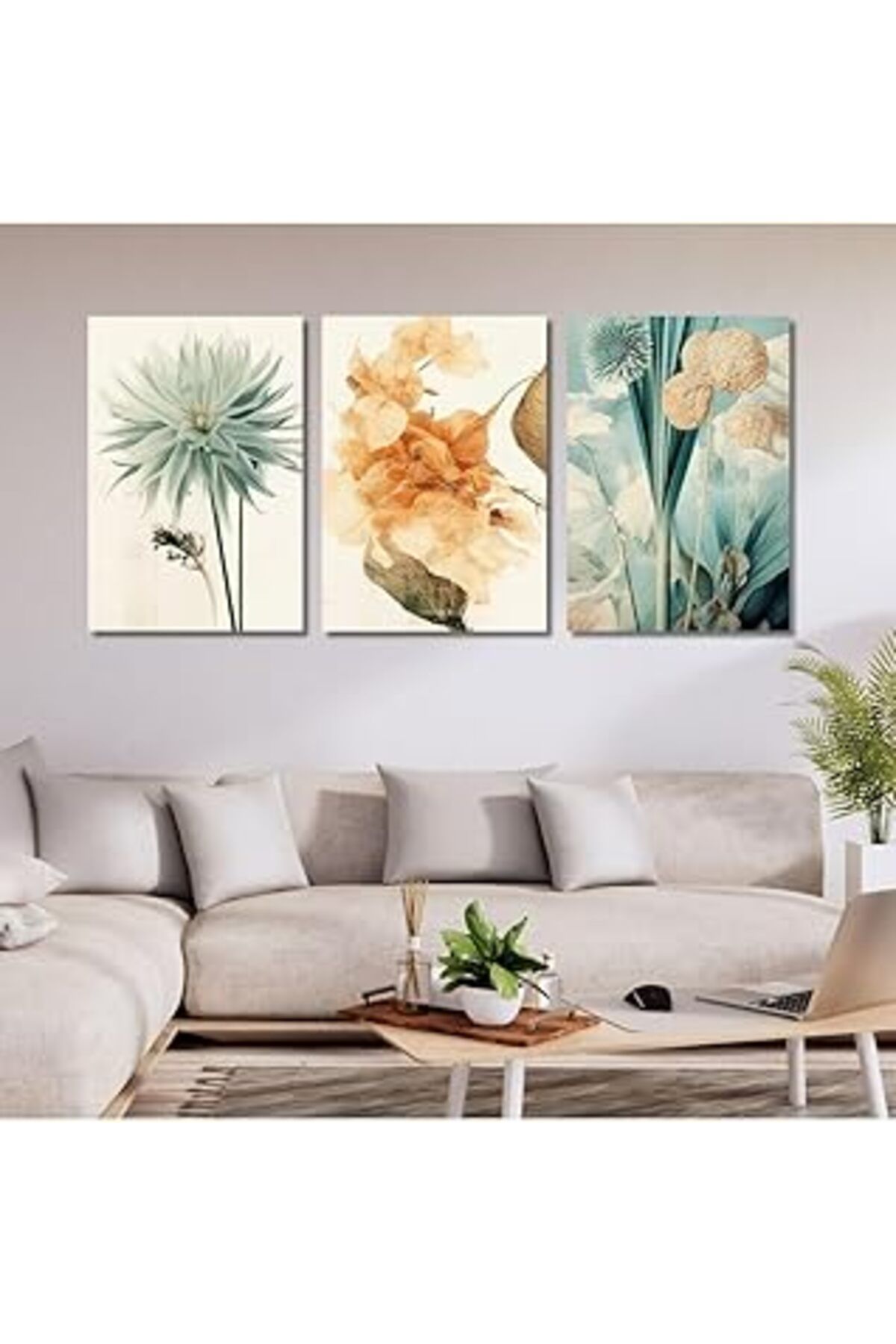 Mu Art Ahşap Gaagart 3'Lü Kanvas Duvar Tablosu Seti Boho Pastel Çiçek Tasarımı, 40 X 60