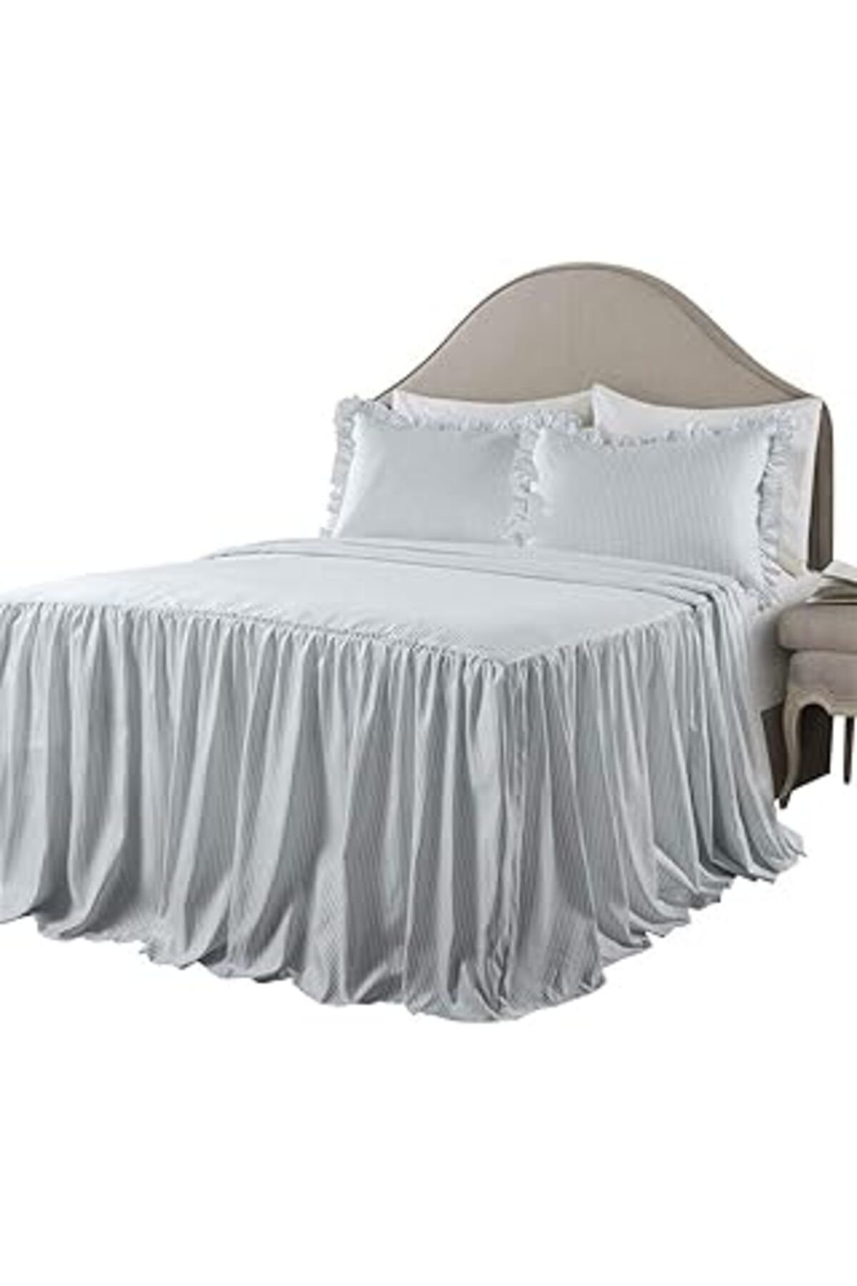 Qedii Lush Decor Tik Çizgili Yatak Örtüsü Göl Mavisi Salaş Şık Çiftlik Evi Tarzı Hafif 3 Parça Set King