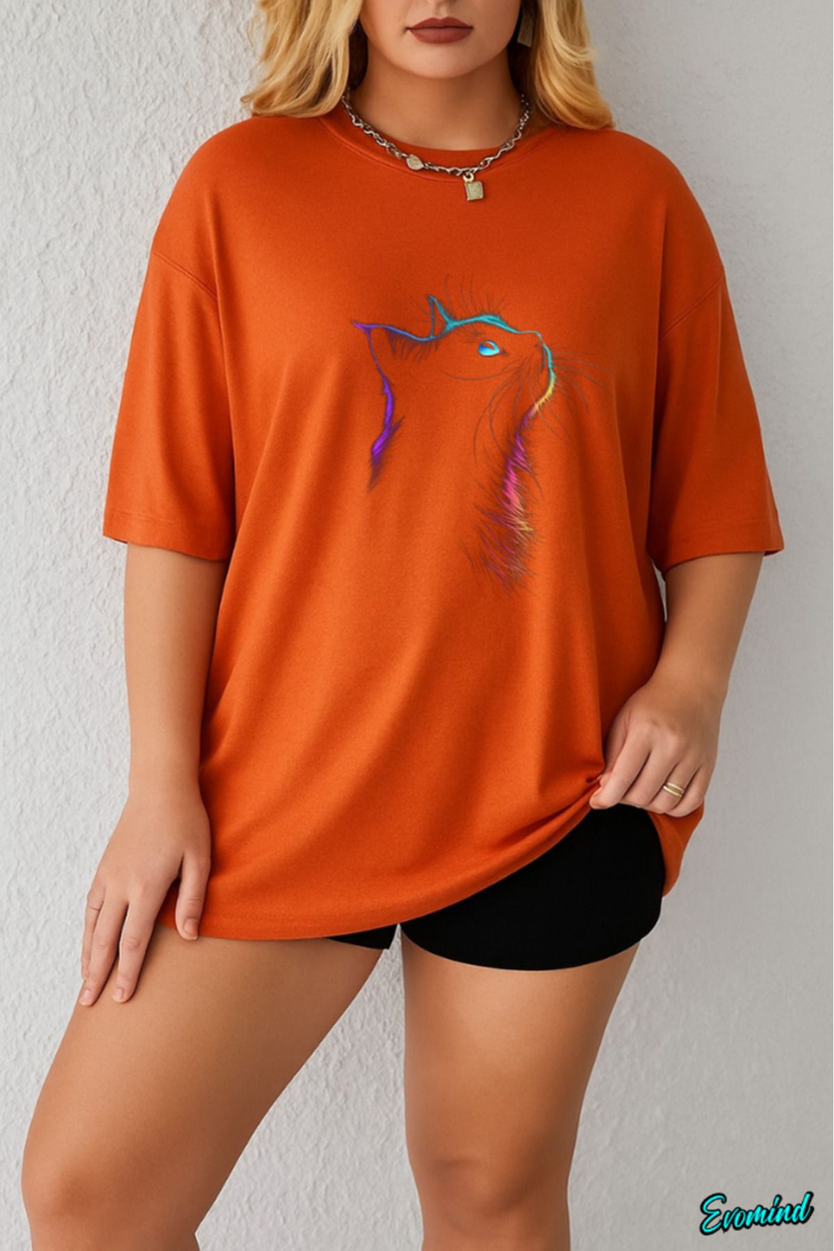 Evomind Büyük Beden Kedi Baskılı T-shirt