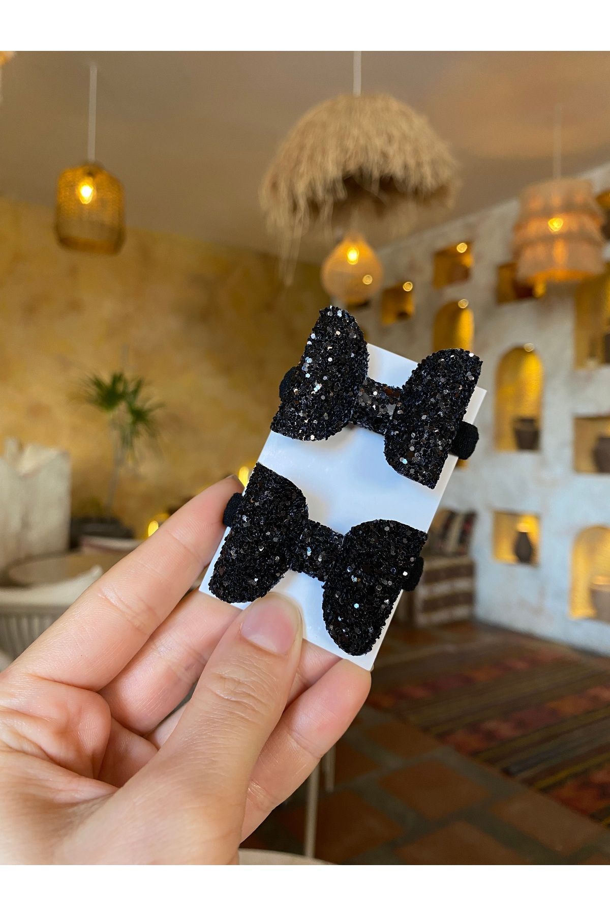 Little Sparkle Co. Siyah Glittery Mini Fiyonk Toka 2’li Saç Lastiği