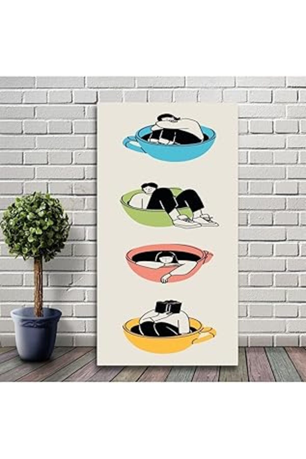 Mu Art Ahşap Gaagart Panaromik Dikey Kanvas Tablo Renkli Fincanlar Ve İnsanlar, 60 X 120