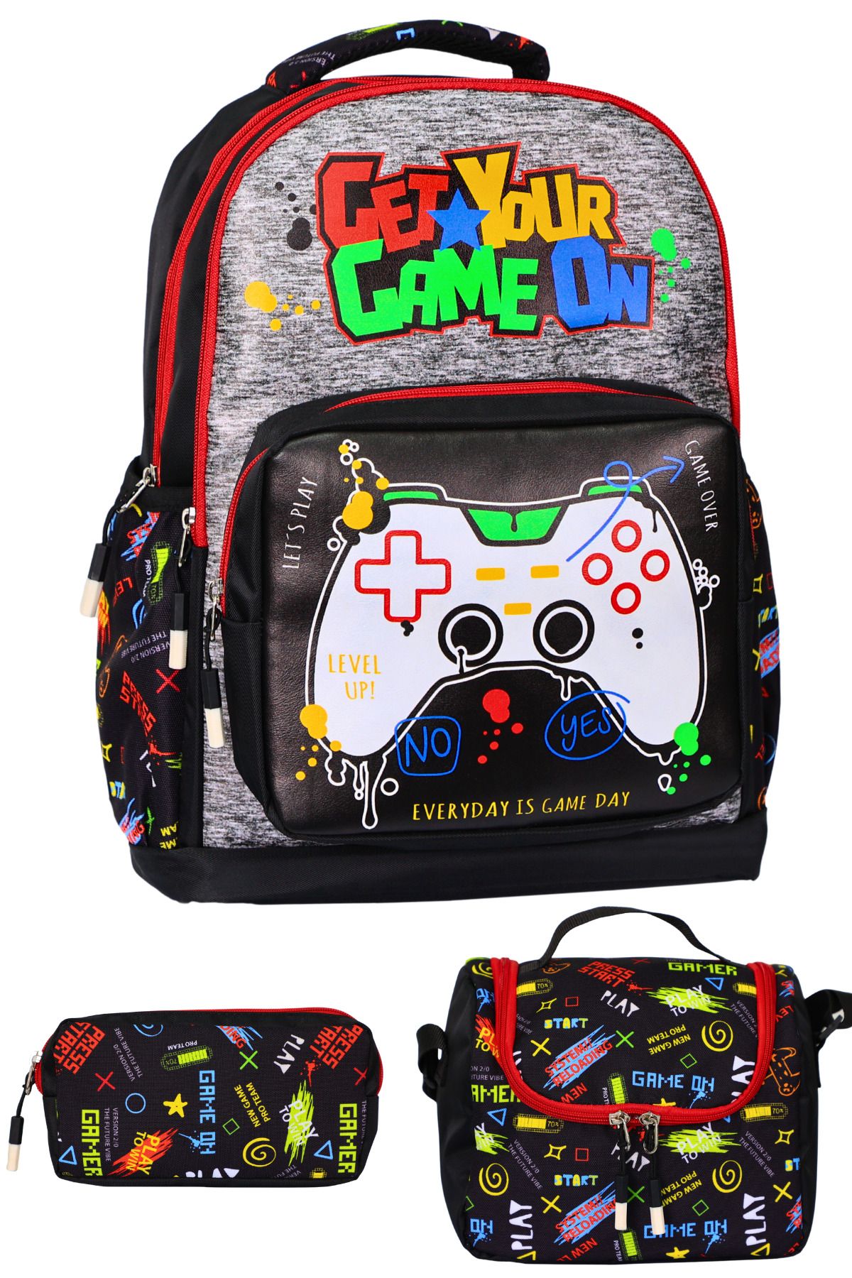 Çantaland 3’Lü İlkokul Gamer Baskılı, Erkek Çocuk Beslenmeli Ve Kalemlikli Okul Çantası