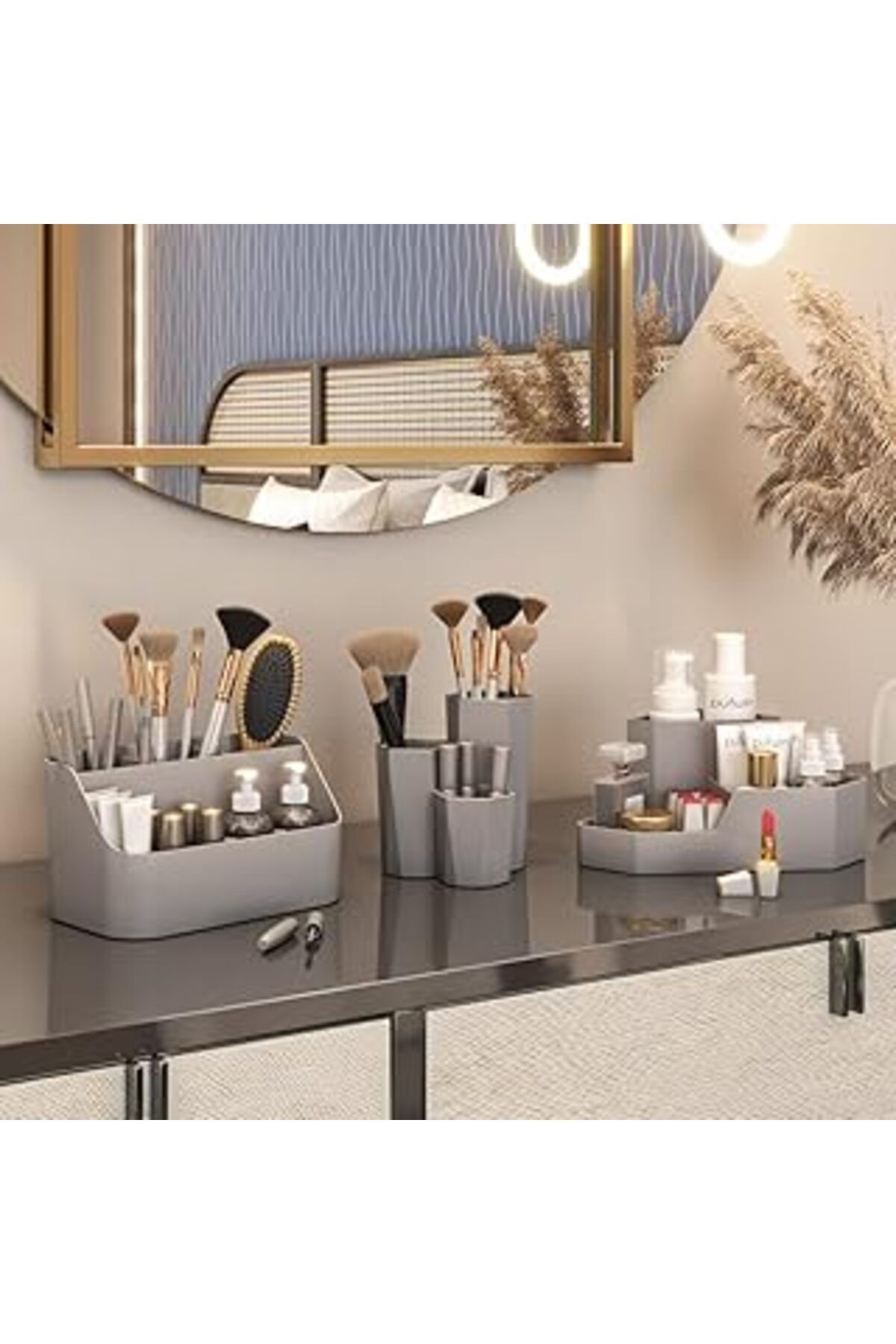 ASİTAN 3 Adet Makyaj Kozmetik Masa Banyo Ofis Mutfak Düzenleyici Çok Amaçlı Organizer Seti (Gri)