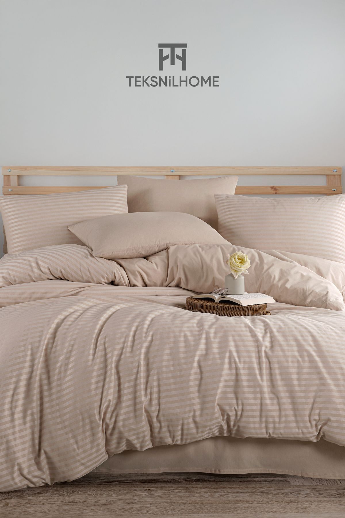 TeksNil Home %100 Pamuklu Natural Stripe Nevresim Takımı 3 Parça (Çift Kişilik)
