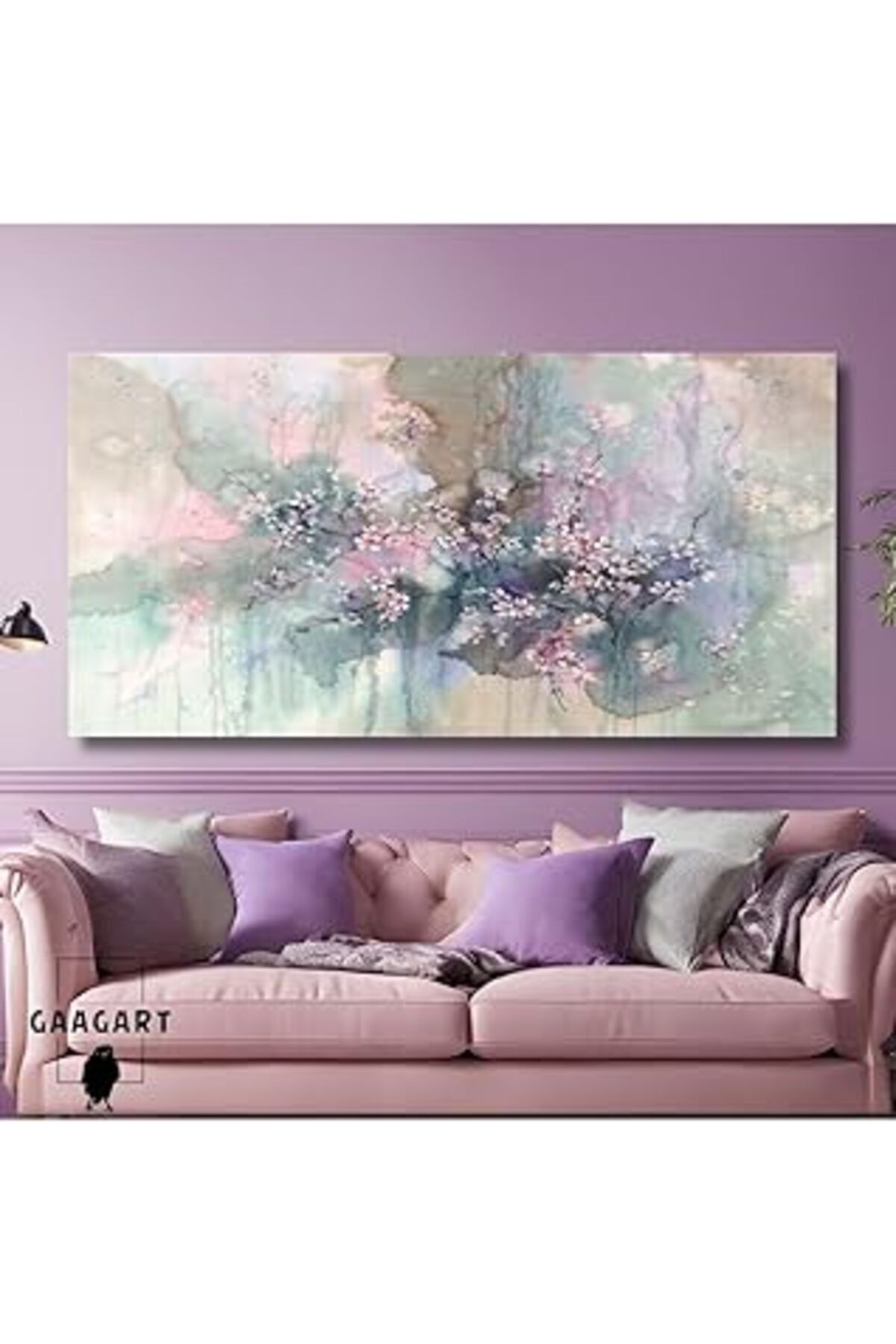 Mu Art Ahşap Gaagart Panoramik Kanvas Duvar Tablosu Lila Tonlarında Küçük Çiçekler, 100 X 50
