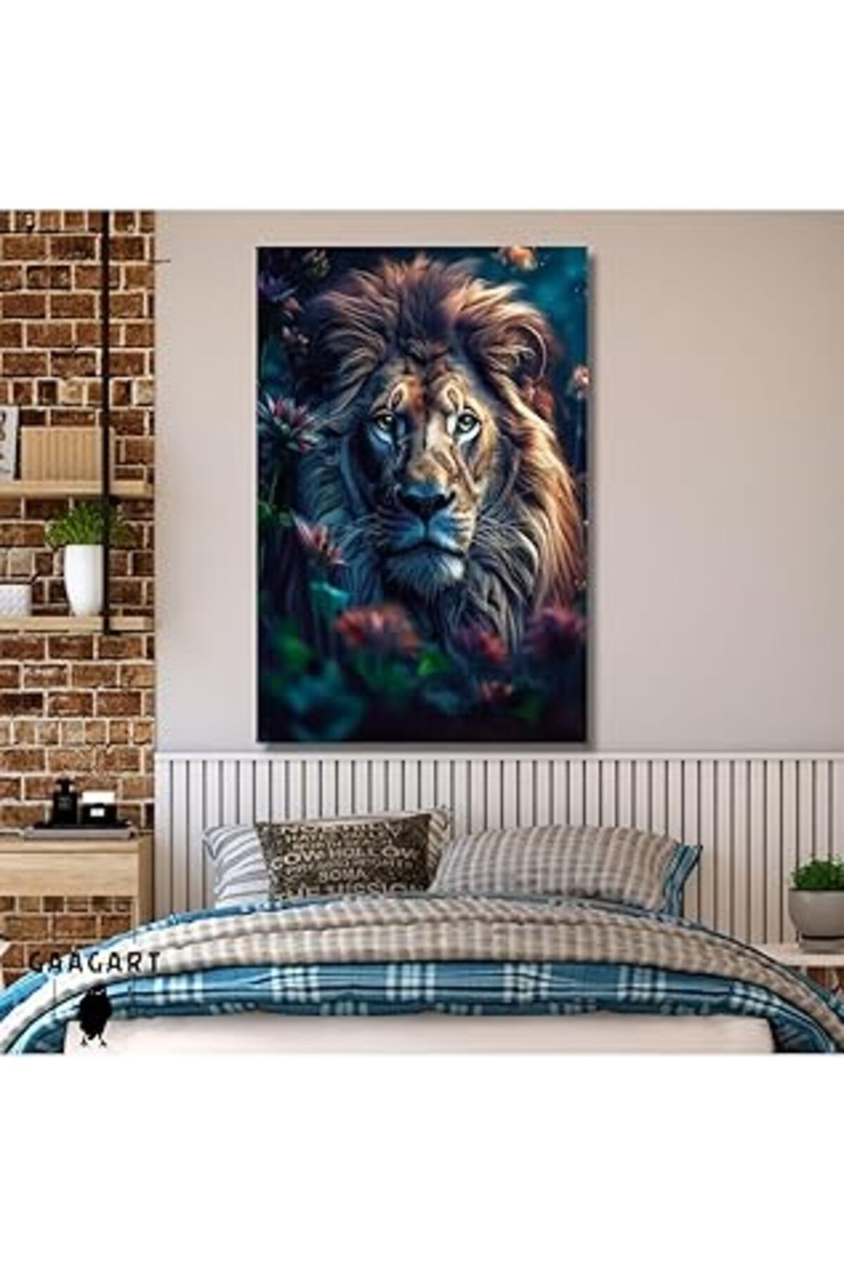 Pazarcan Gaagart Tekli Dikey Kanvas Duvar Tablosu Çiçekli Yakın Aslan Portresi, 30 X 40