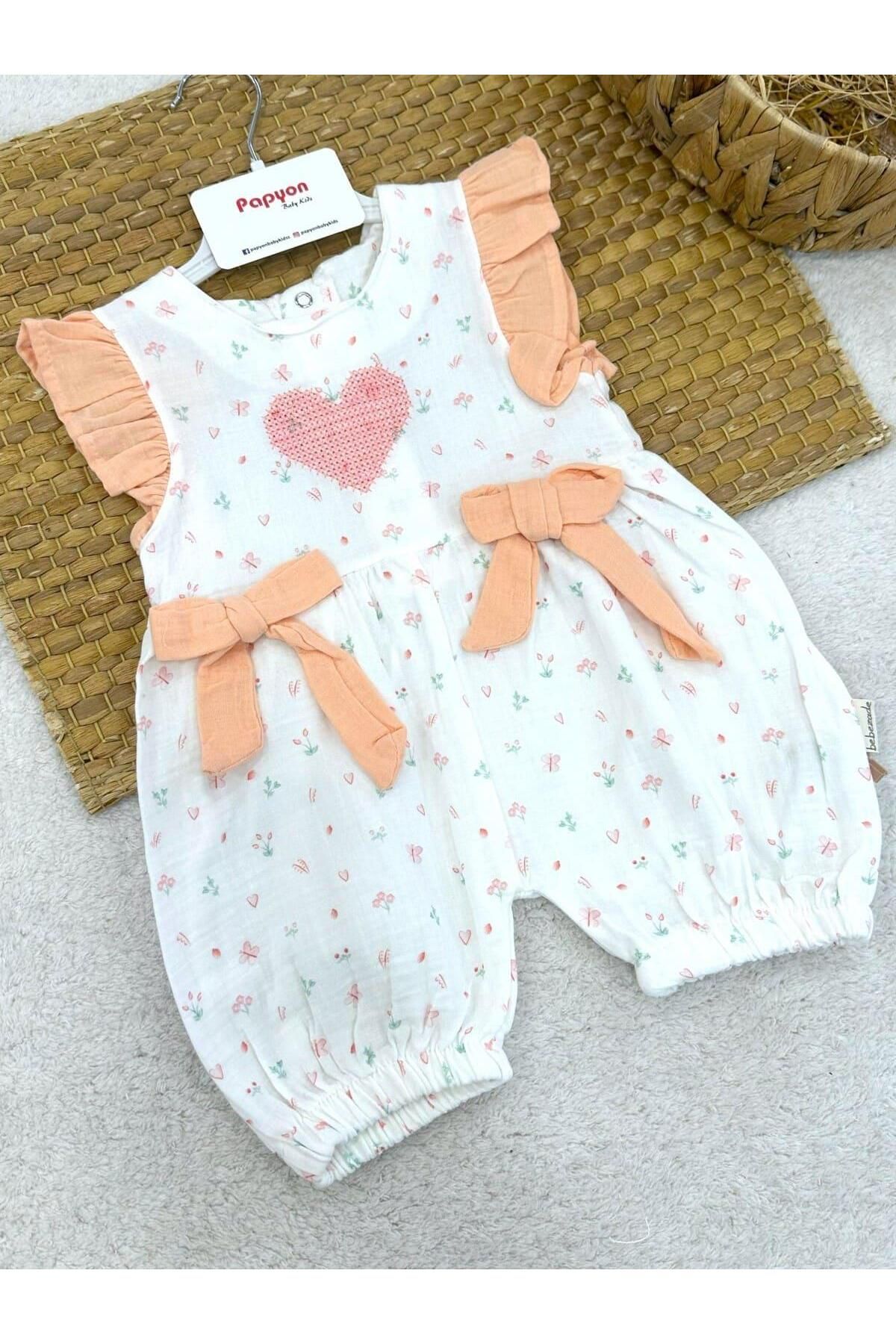 Papyon Baby Kids Kalp Nakışlı Kız Bebek Natural Müslin Yazlık Tulum (6-9/9-12/12-18/18-24 Ay)