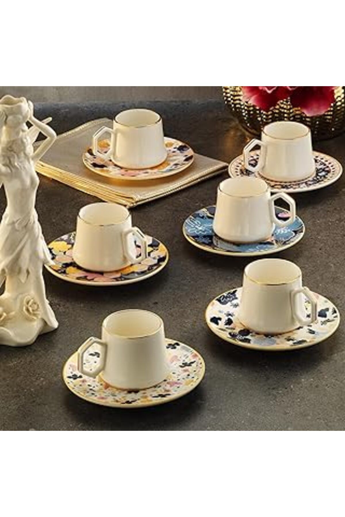 ASİTAN Sandro Moreno 1453 Potpuri Double Geometrik Gold 12 Parça Altı Kişilik Kahve Fincan Takımı 120 Ml