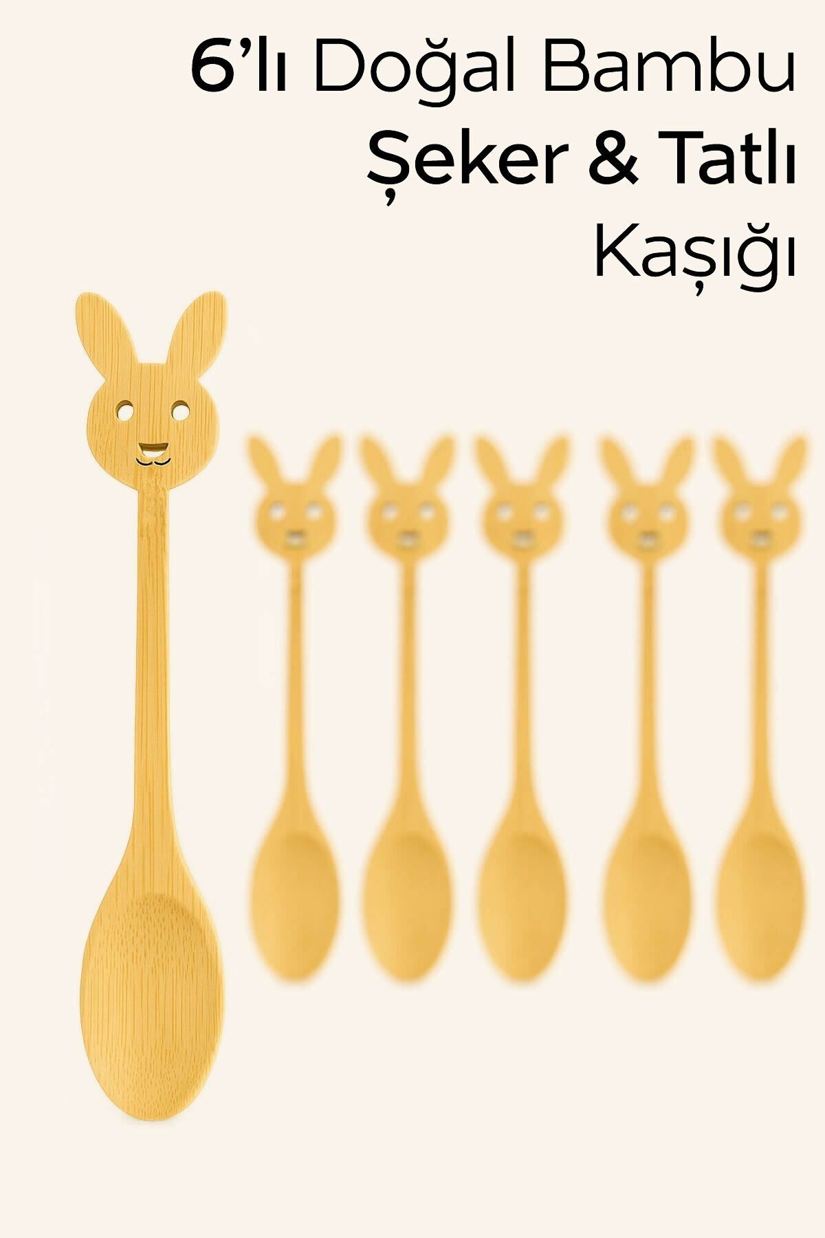 ARVALE 6'lı Doğal Bambu Tavşan Model Şeker & Tatlı Kaşığı - 14 cm