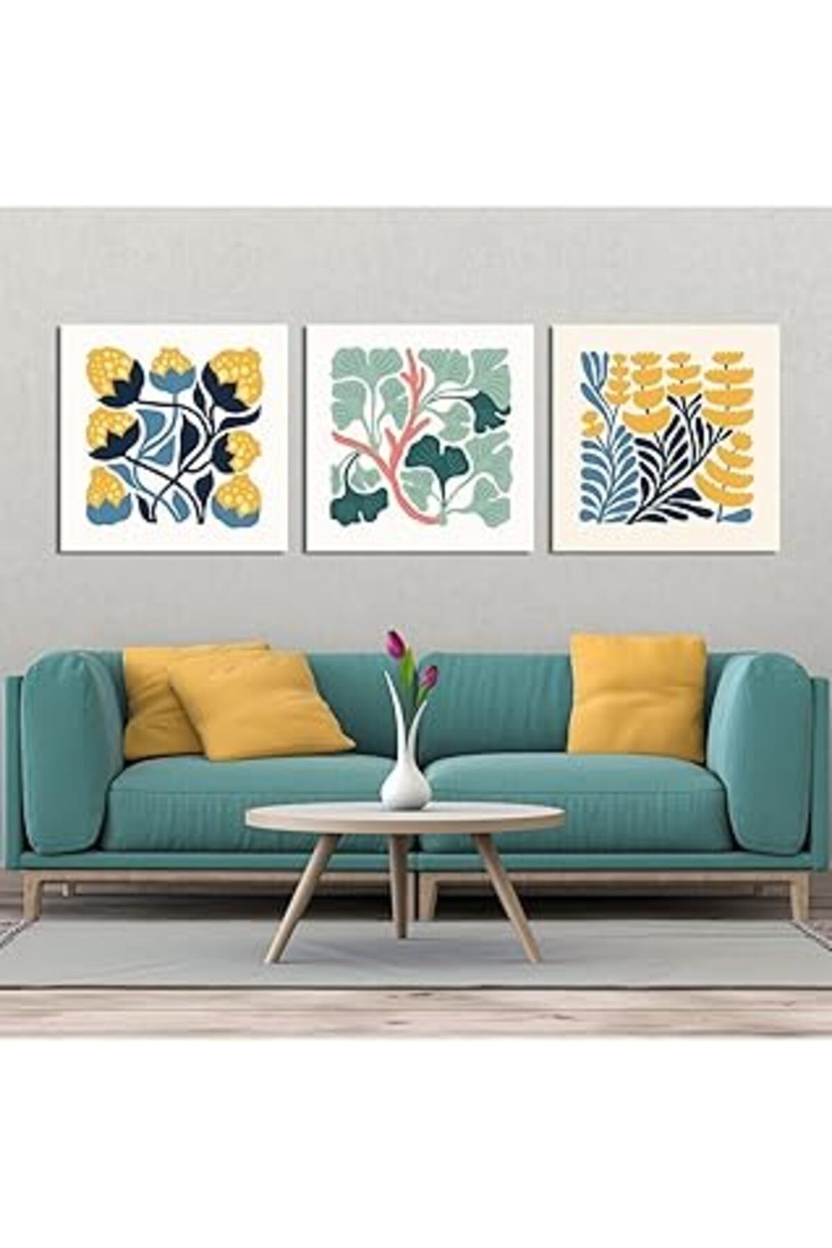 Pazarcan Gaagart 3'lü Kanvas Tablo Seti Yeşil Mavi Ve Sarı Çiçek Görseli 50 X 50 Gartnm2009