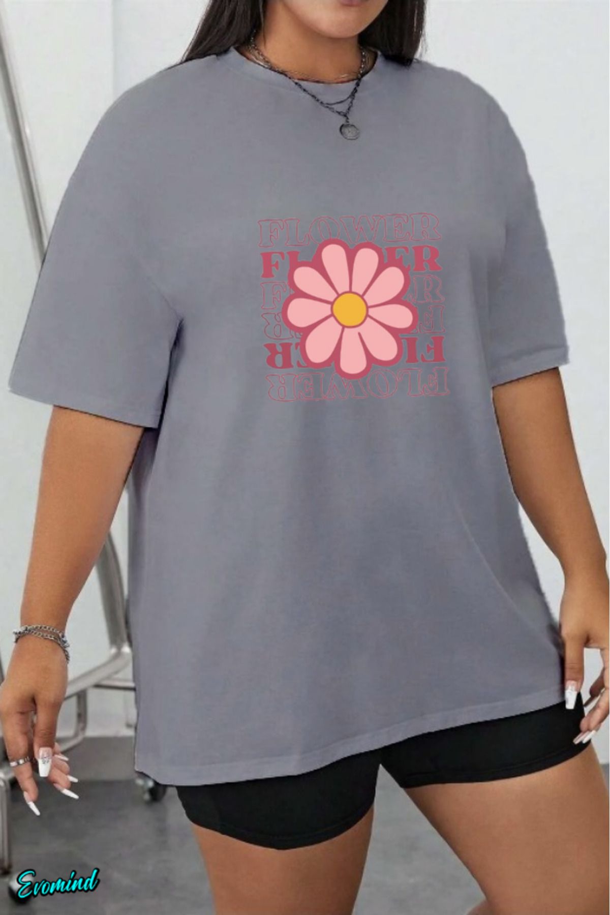 Evomind Büyük Beden Flower Baskılı T-shirt