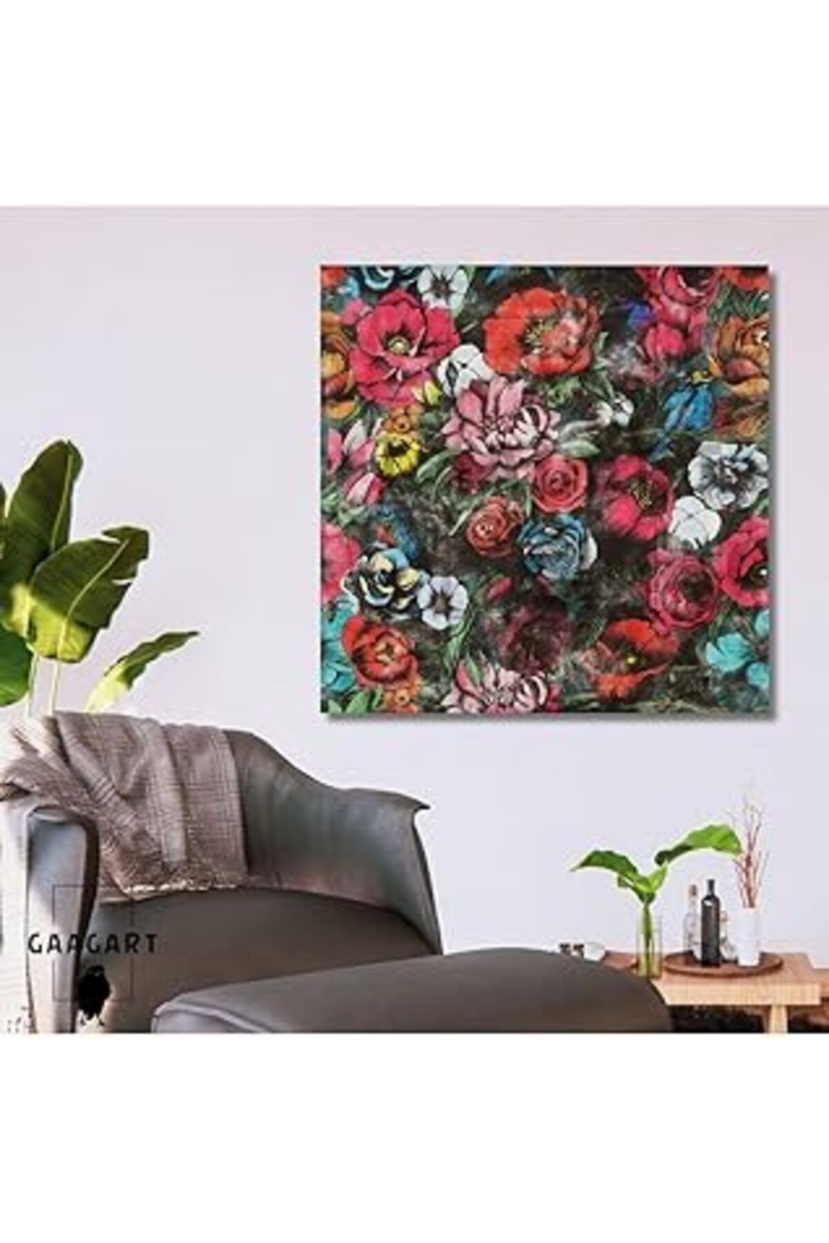 Pazarcan Gaagart Tekli Kare Kanvas Tablo Kırmızı Pembe Mavi Çiçekler, 40 X 40