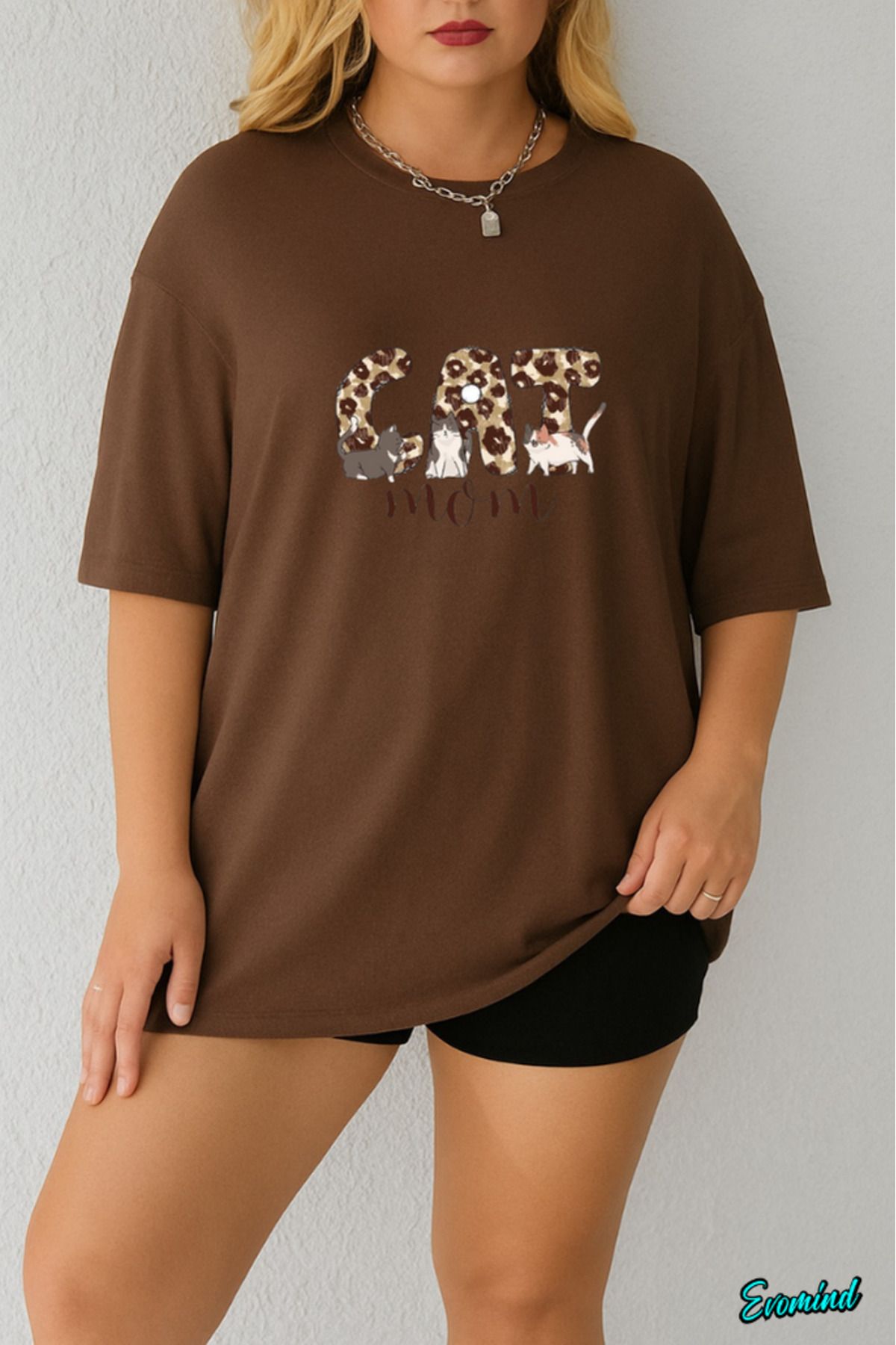 Evomind Büyük Beden Cat Mom Baskılı T-shirt