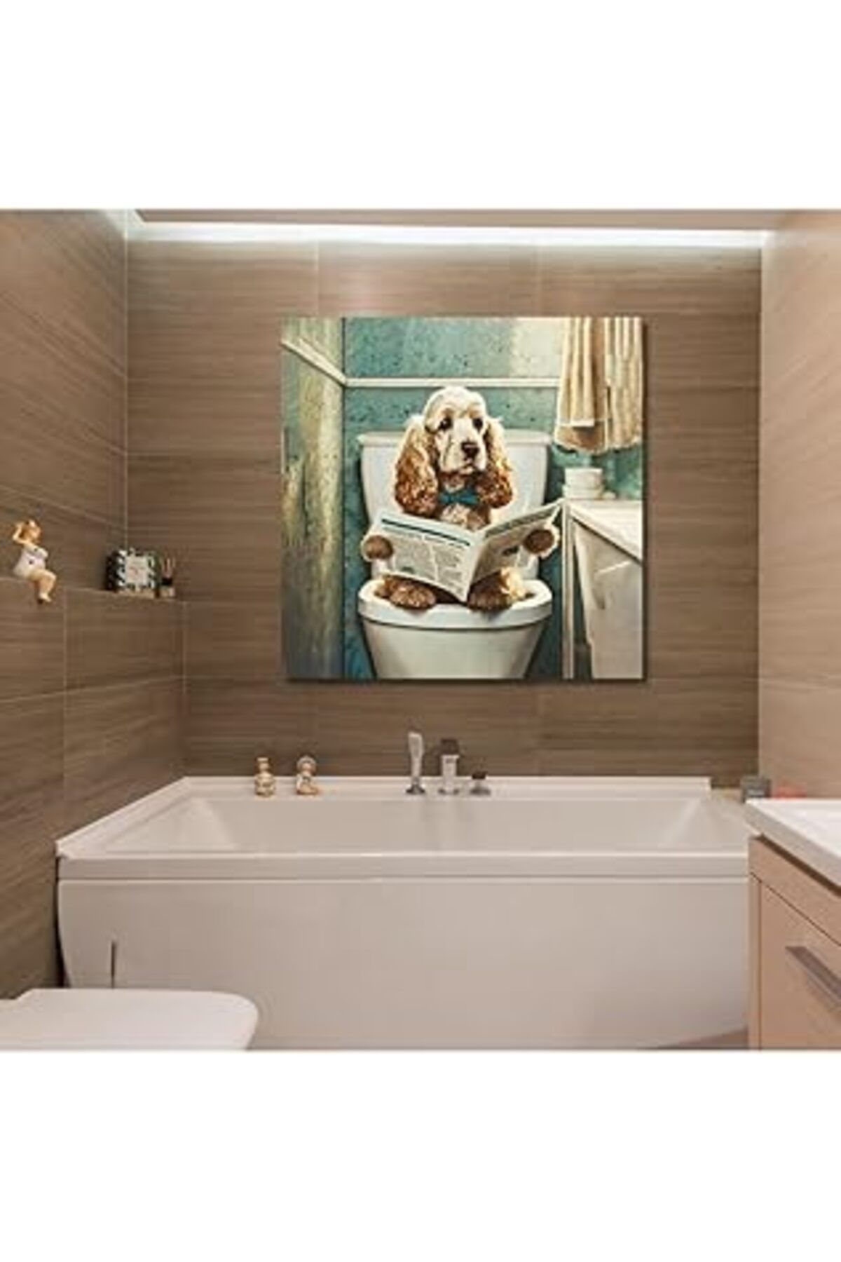 Pazarcan Gaagart Tekli Kare Kanvas Banyo Tablosu Gazete Okuyan Cocker Spaniel, 50 X 50