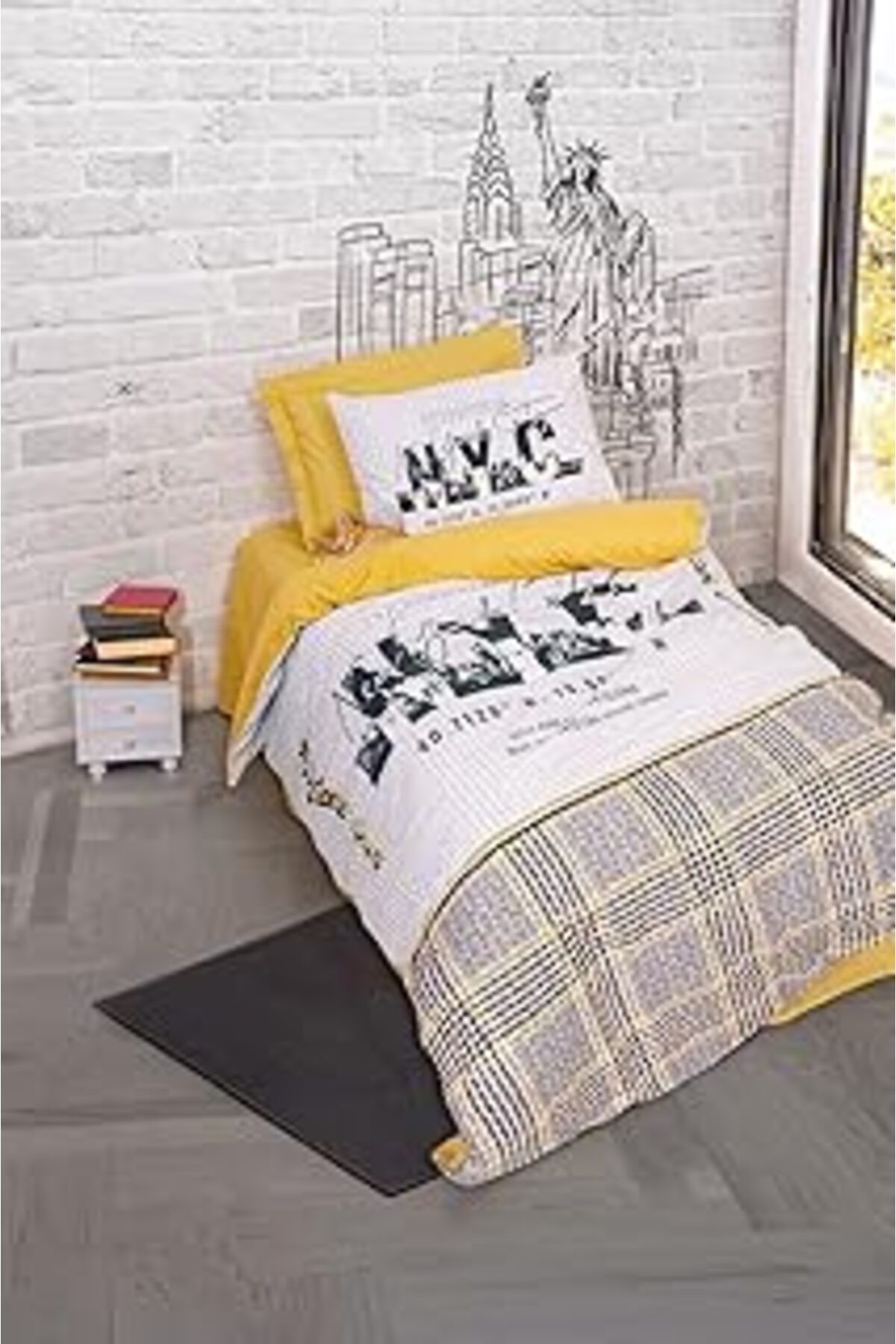Qedii Cozy Home Genç Odası Tek Kişilik Lastikli Çarşaflı Nevresim Takımı Worldwide Hardal
