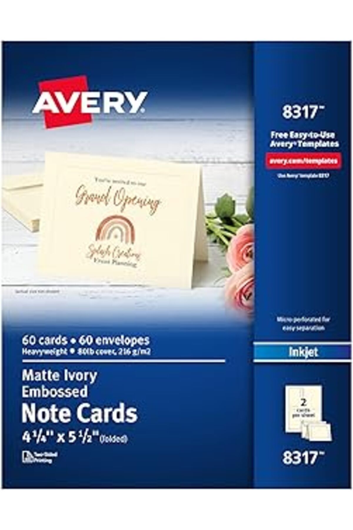 Pazarcan Avery 8317 Kabartmalı Not Kartları, Inkjet, 4 1/4 X 5 1/2, Mat Fildişi (60'Lı Paket, Zarflı)