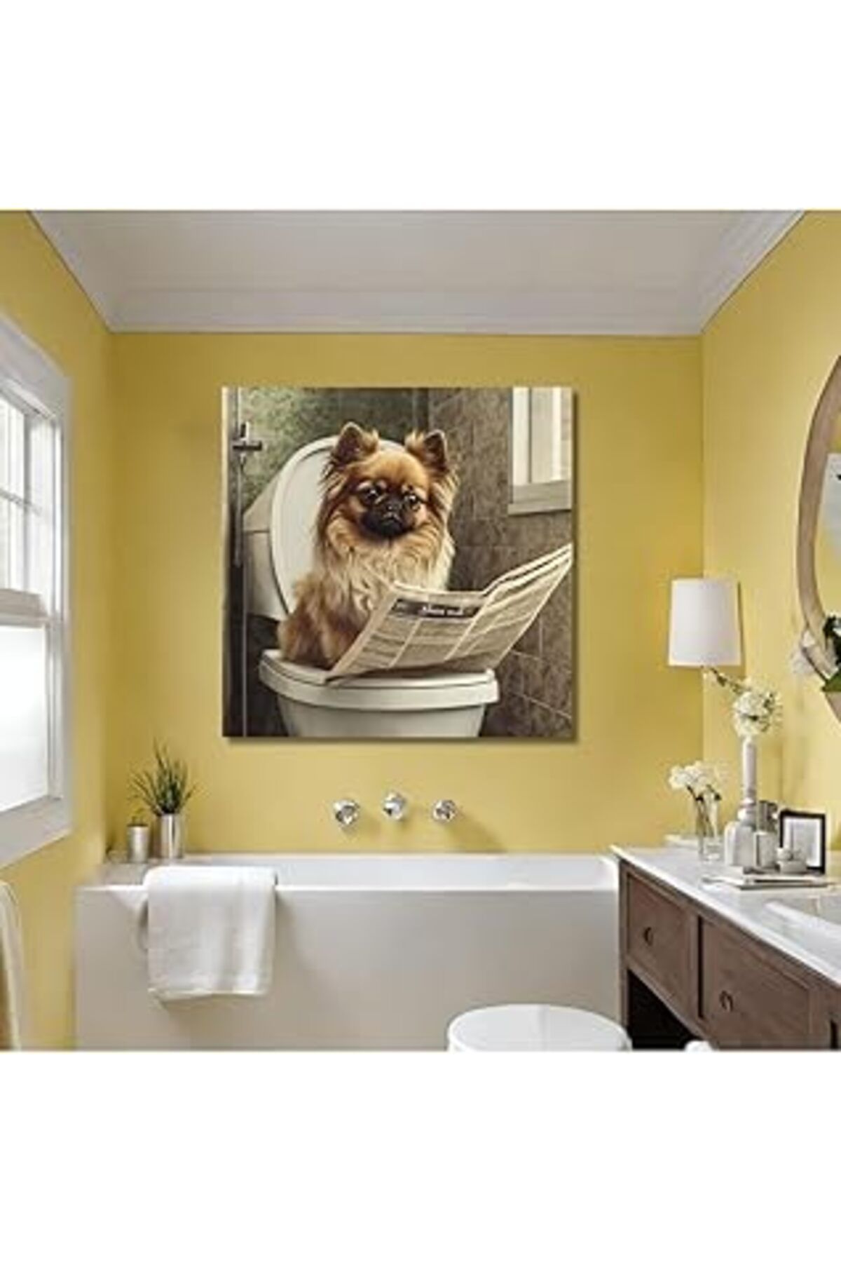 NETWORK ART Gaagart Tekli Kare Kanvas Banyo Tablosu Gazete Okuyan Dik Kulaklı Pekinez Köpek 40 X 40 Gartnm8393