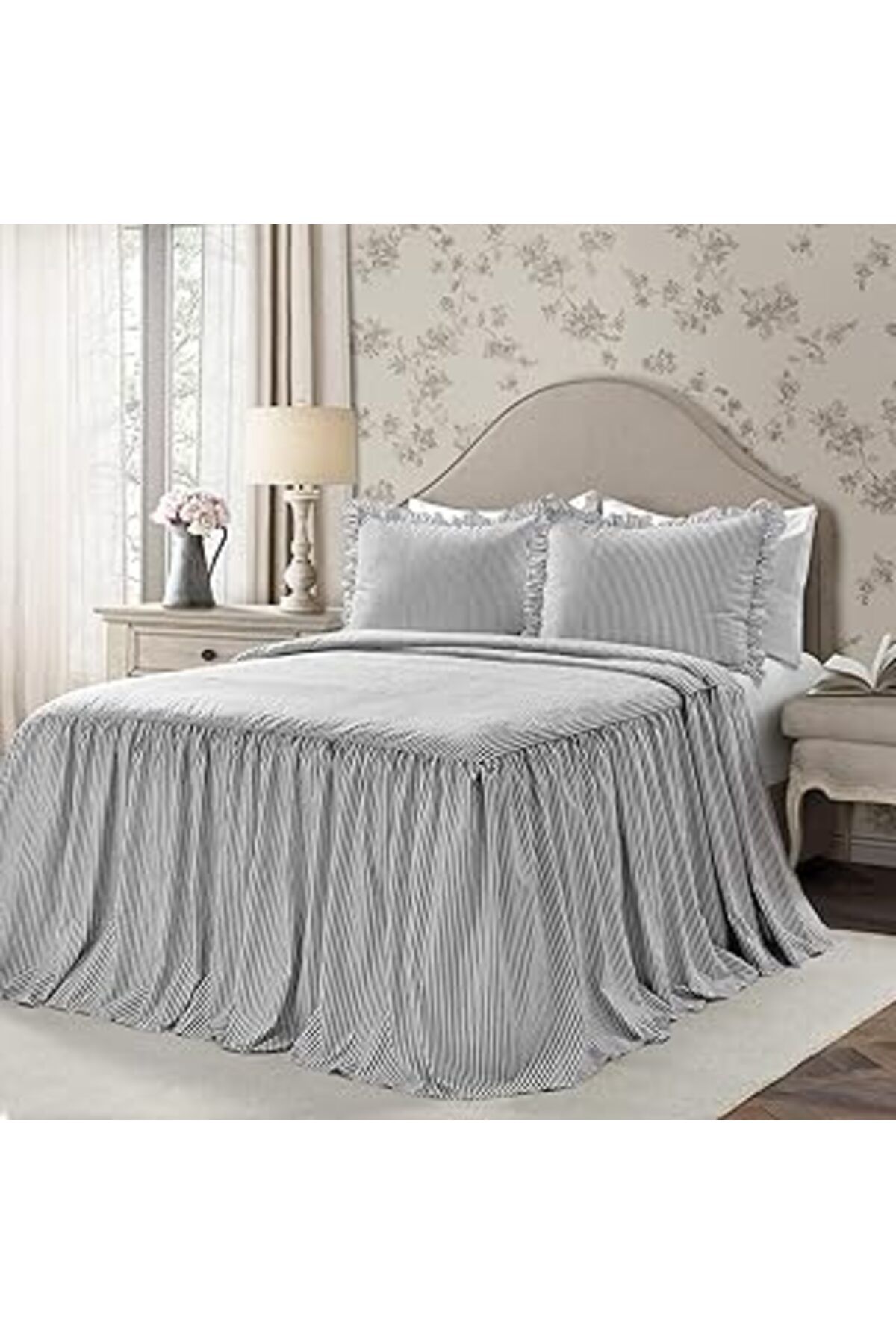 Qedii Lush Decor Yatak Örtüsü, Çizgili Desen, Eskitilmiş Şık Tarzı, Hafif, 3 Parçalı Set, Siyah