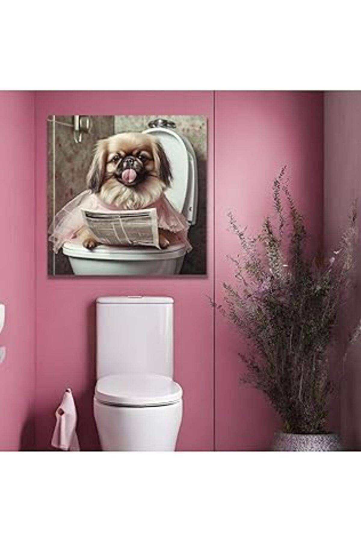 Mu Art Ahşap Gaagart Tekli Kare Kanvas Banyo Tablosu Gazete Okuyan Sevimli Pekinez, 50 X 50