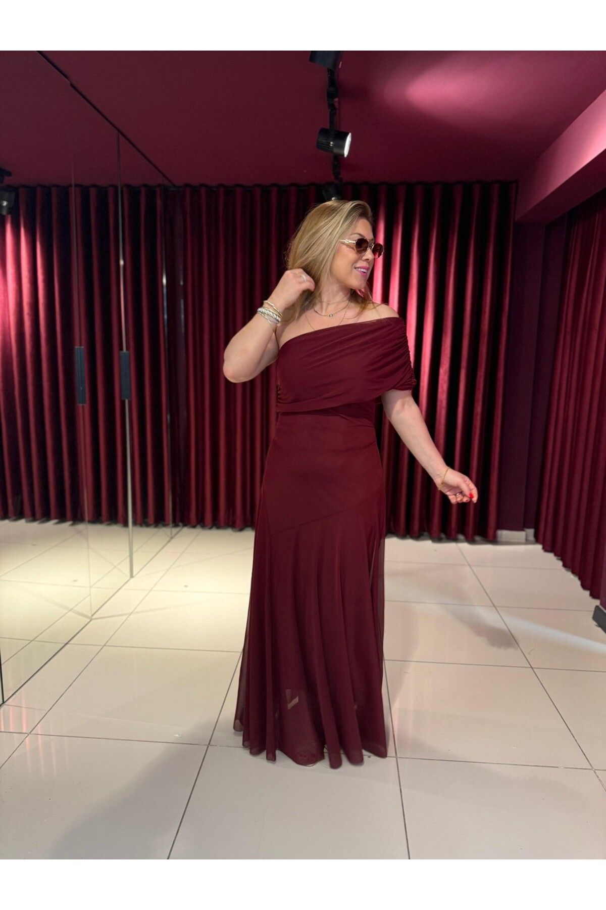 Hotfashion Tek Omuzlu Bordo Elbise