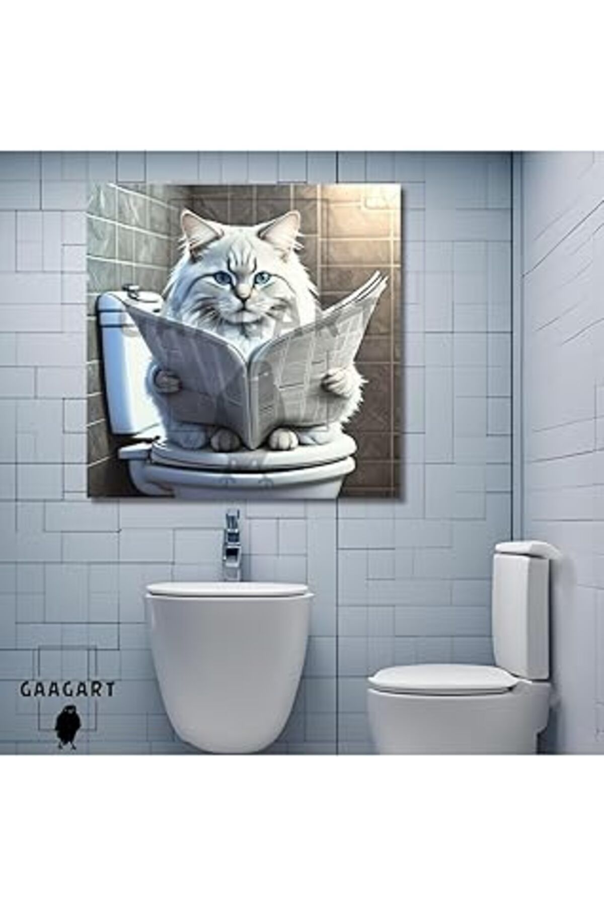 Mu Art Ahşap Gaagart Tekli Kare Kanvas Banyo Tablosu Gazete Okuyan Beyaz Chinchilla Kedi, 40 X 40