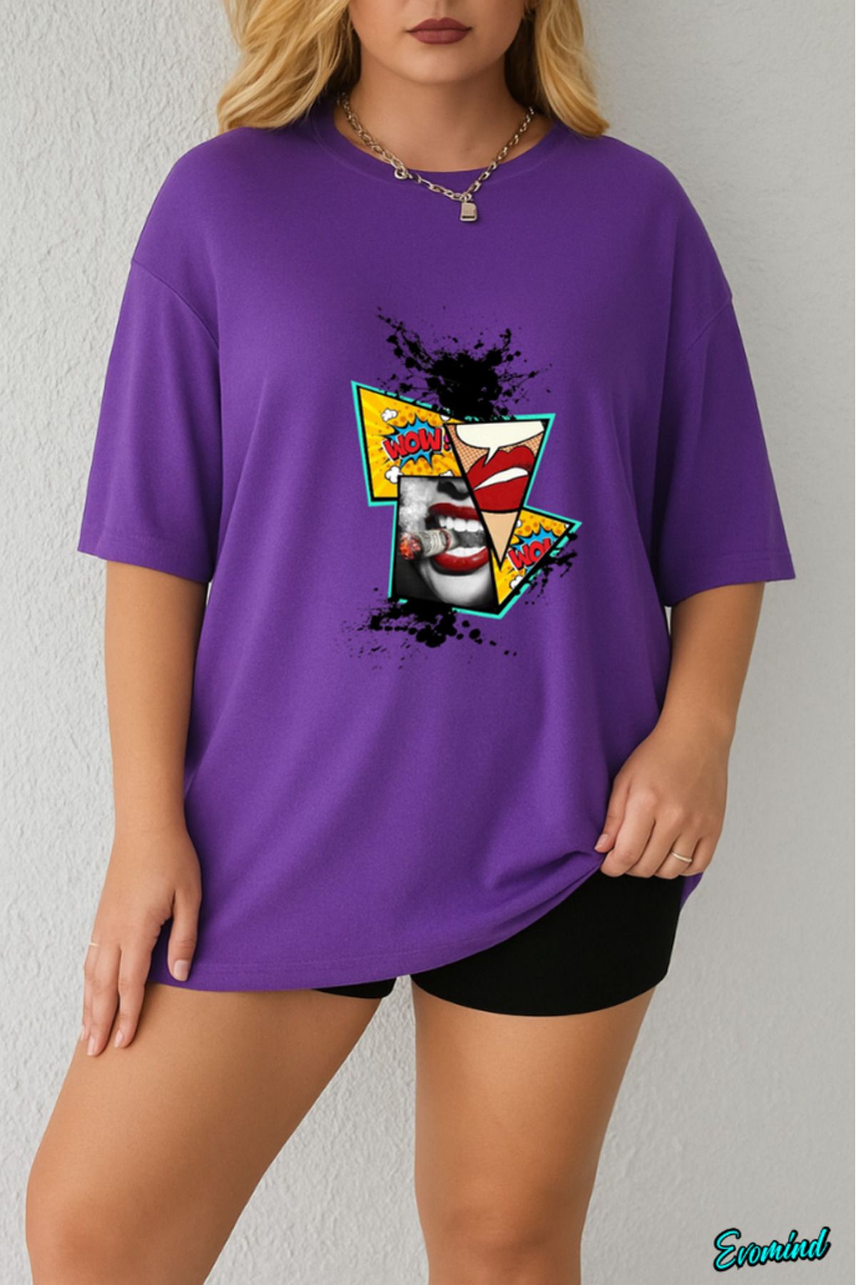 Evomind Büyük Beden Dudak Şimşek Baskılı T-shirt