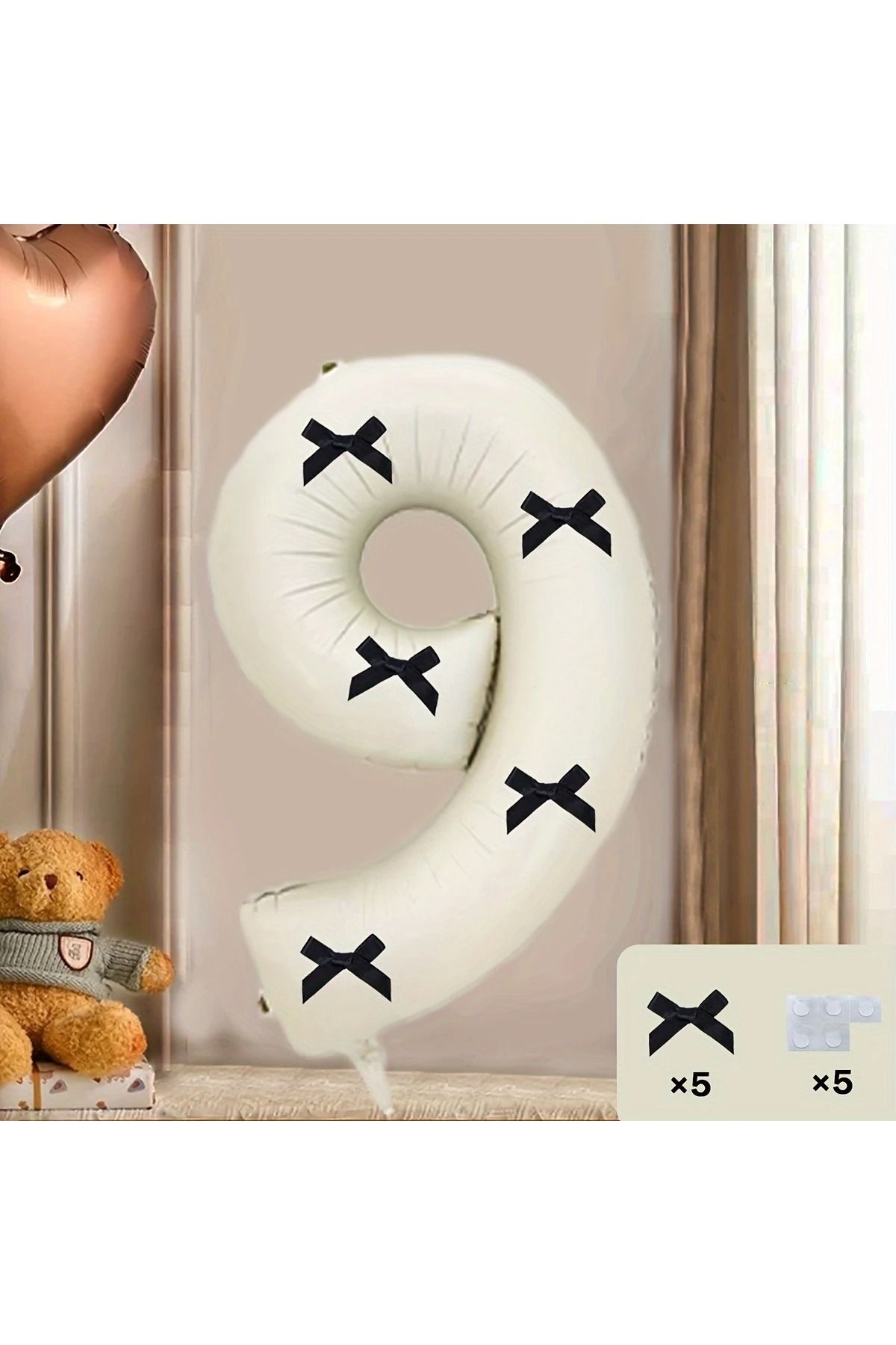 PartyPoo Siyah Fiyonklu Bej Rakam Folyo Balon 80cm 9 Rakam Balon - Fiyonklu Balon, Kurdeleli Balon
