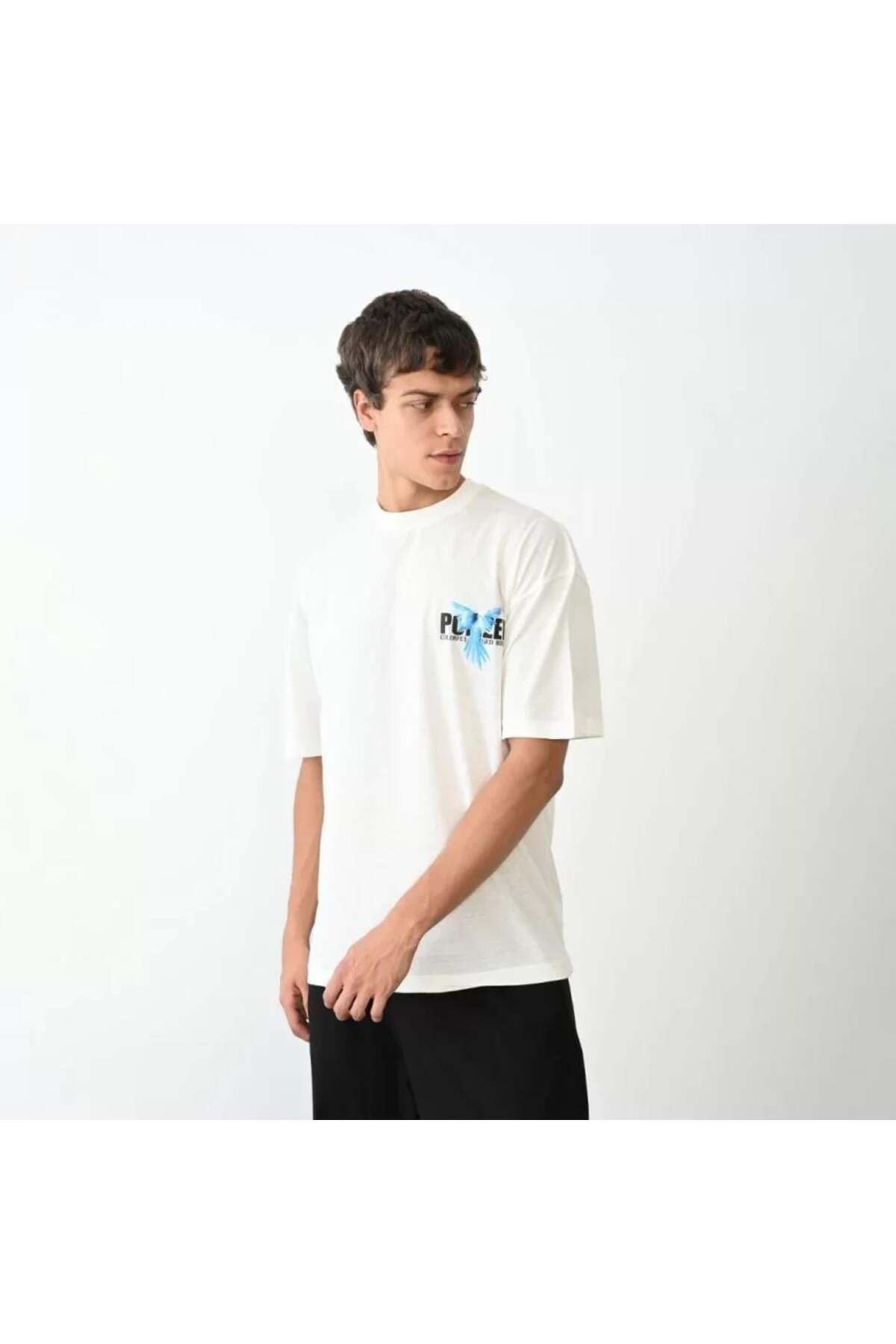 modamtn Unisex Bisiklet Yaka Baskılı Oversize T-Shirt - Beyaz
