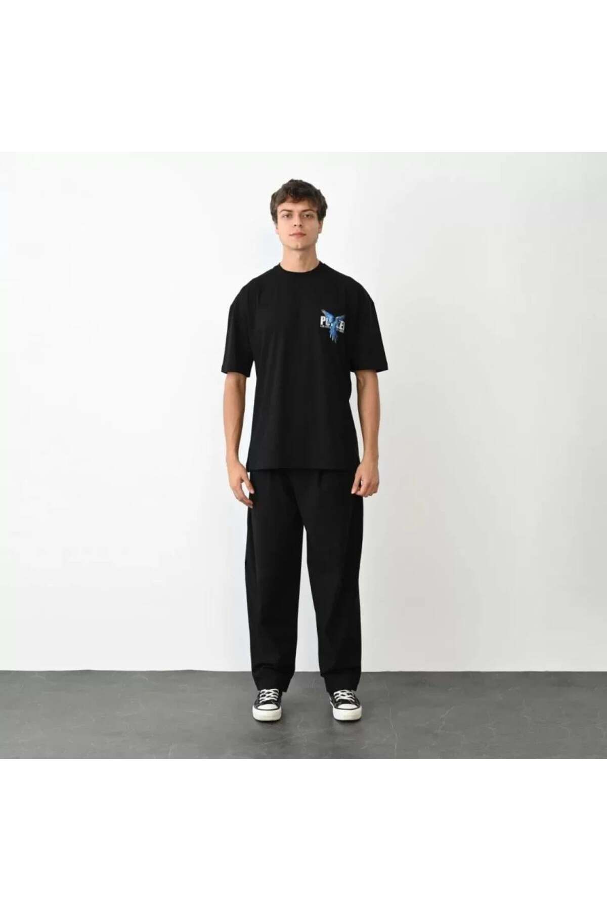 modamtn Unisex Bisiklet Yaka Baskılı Oversize T-Shirt - Siyah