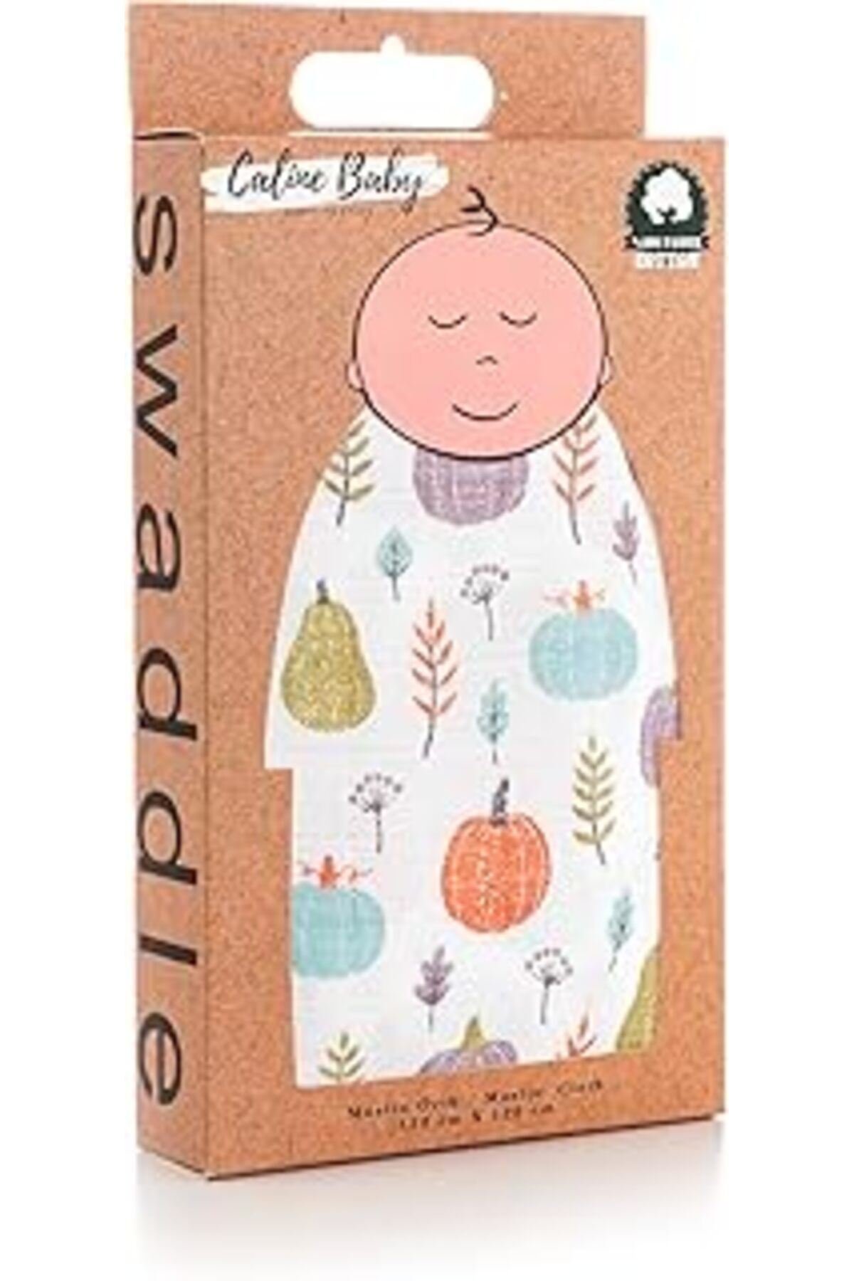 Qedii Caline Baby Müslin Bezi Örtü Bal Kabağı Desen - Yeşil 120X120 Cm + 4 Adet Ağız Mendili