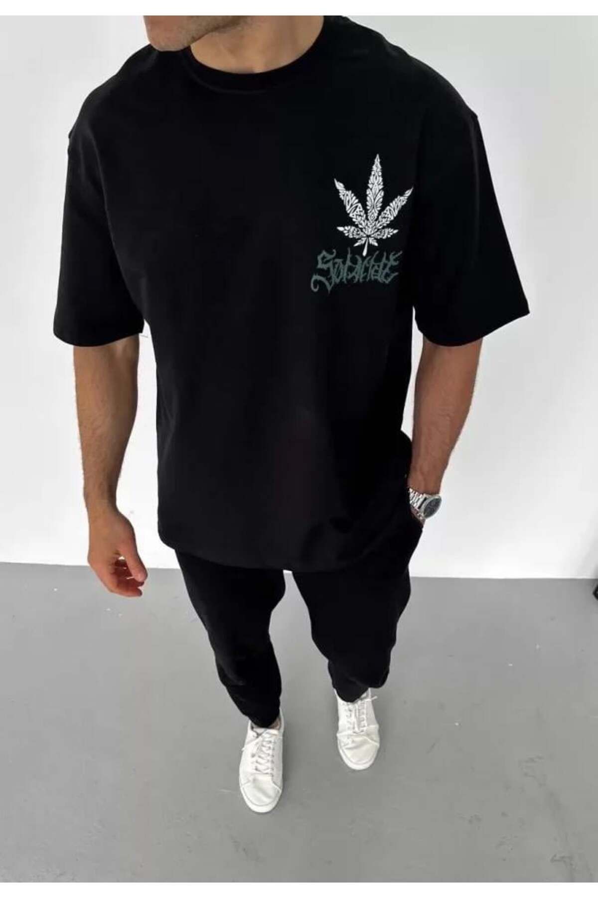 modamtn Unisex Bisiklet Yaka Baskılı Oversize T-Shirt - Siyah