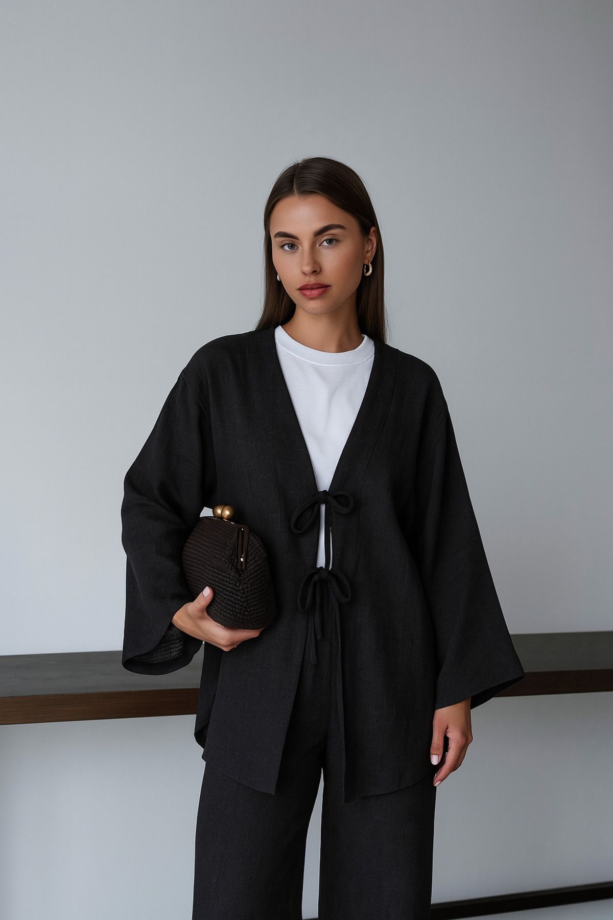 NATUFIAN STORE Kadın Keten Bağlamalı Basic Kimono