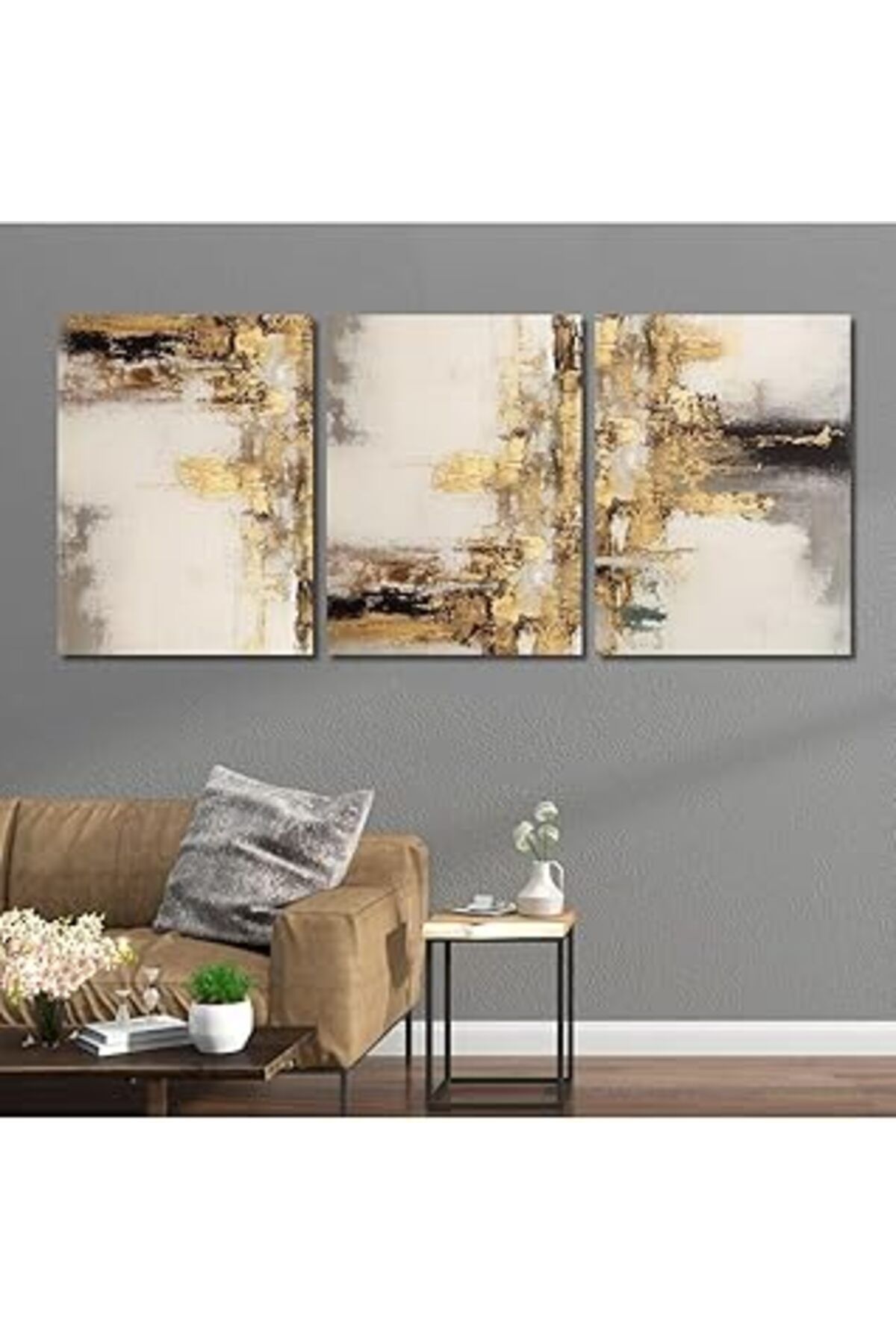 Pazarcan Gaagart 3'Lü Kanvas Duvar Tablosu Gold Gri Renkte Desen Tasarımı, 40 X 60