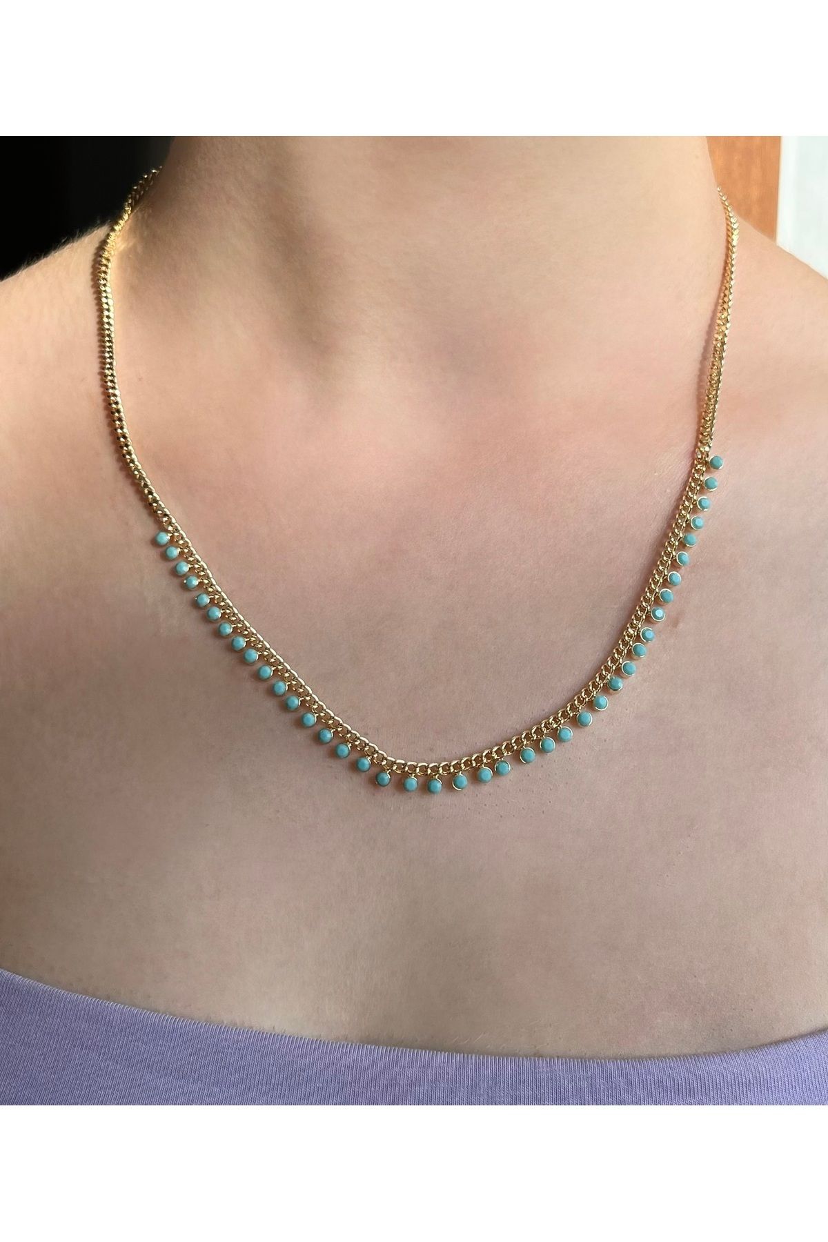 B&E SHİNE JEWERLY Kararmaz Çelik Turkuaz Boncuk Detaylı İnce Zincir Kolye