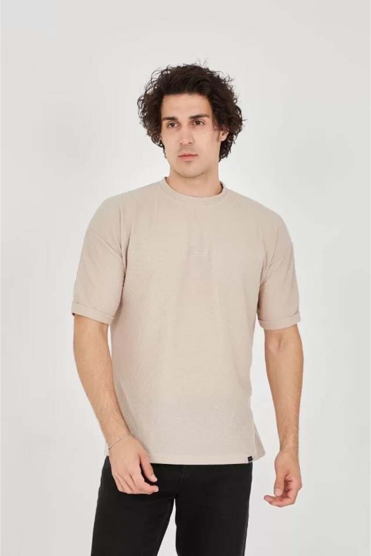 modamtn Unisex Waffle Kumaş Rahat Kol T-Shirt - Bej