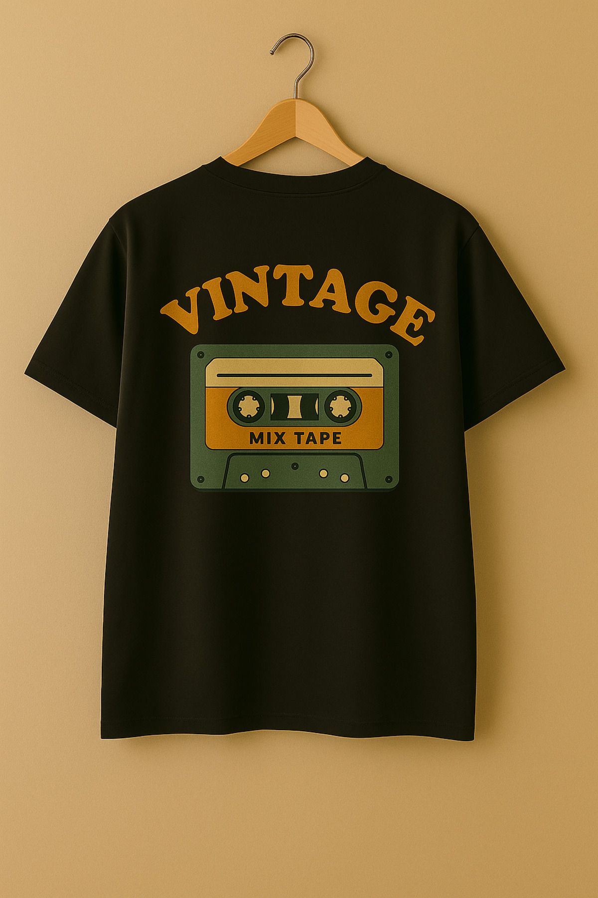 madeora Vintage Mix Tape Baskılı Unisex Siyah Tişört, Sırtı Baskılı