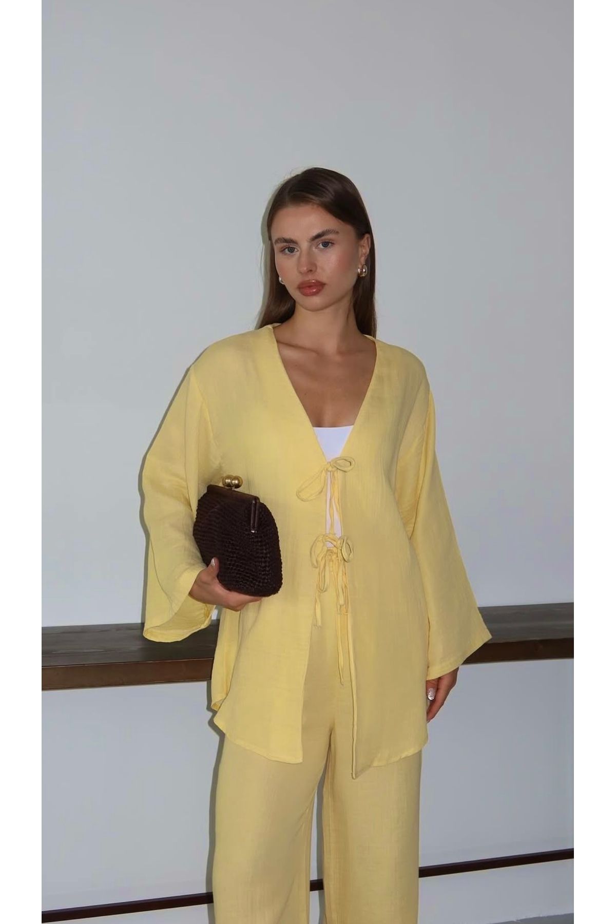 NATUFIAN STORE Kadın Keten Bağlamalı Basic Kimono