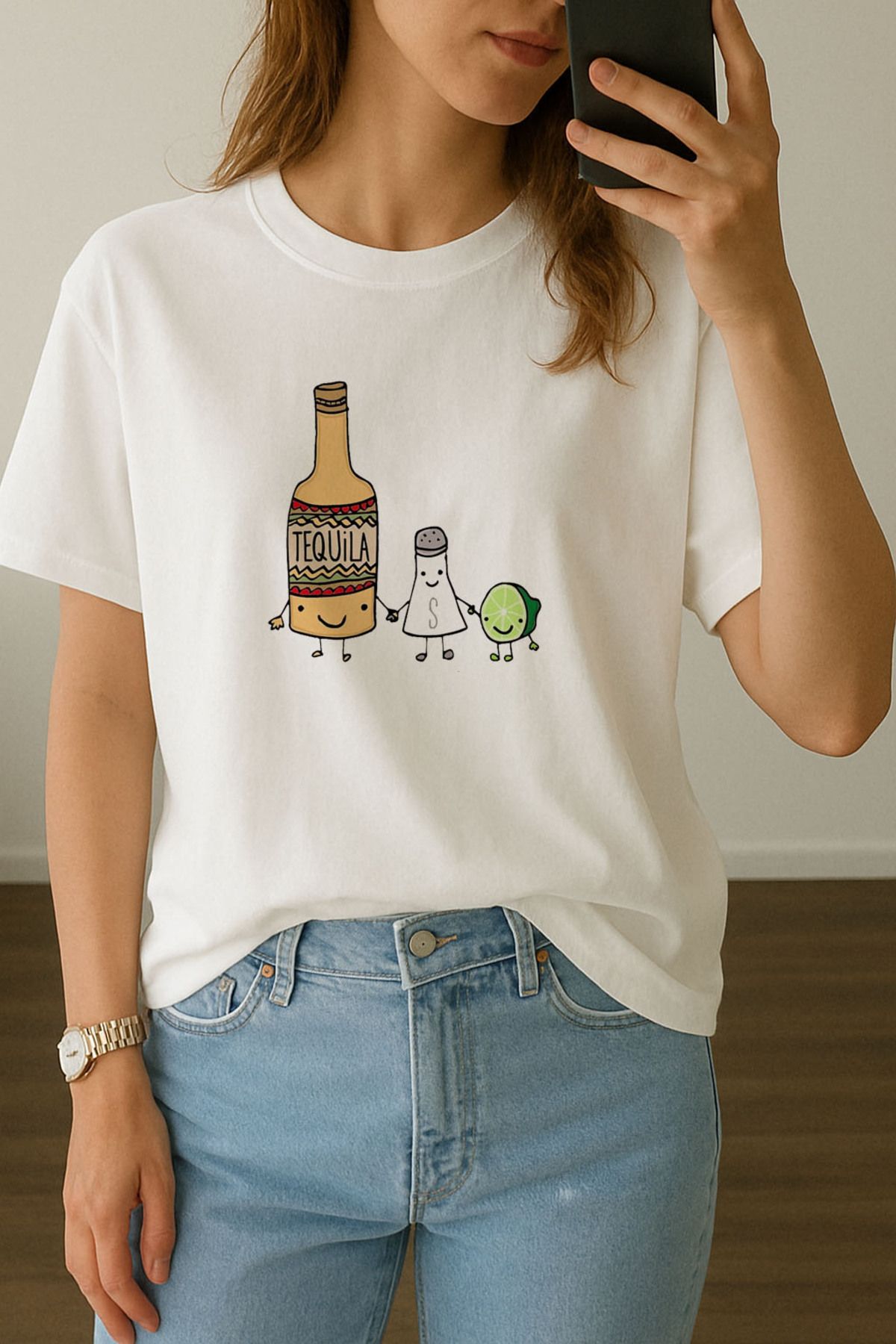 sielta Kadın Tekila Limon Baskılı Bisiklet Yaka Oversize Beyaz Tişört T-shirt
